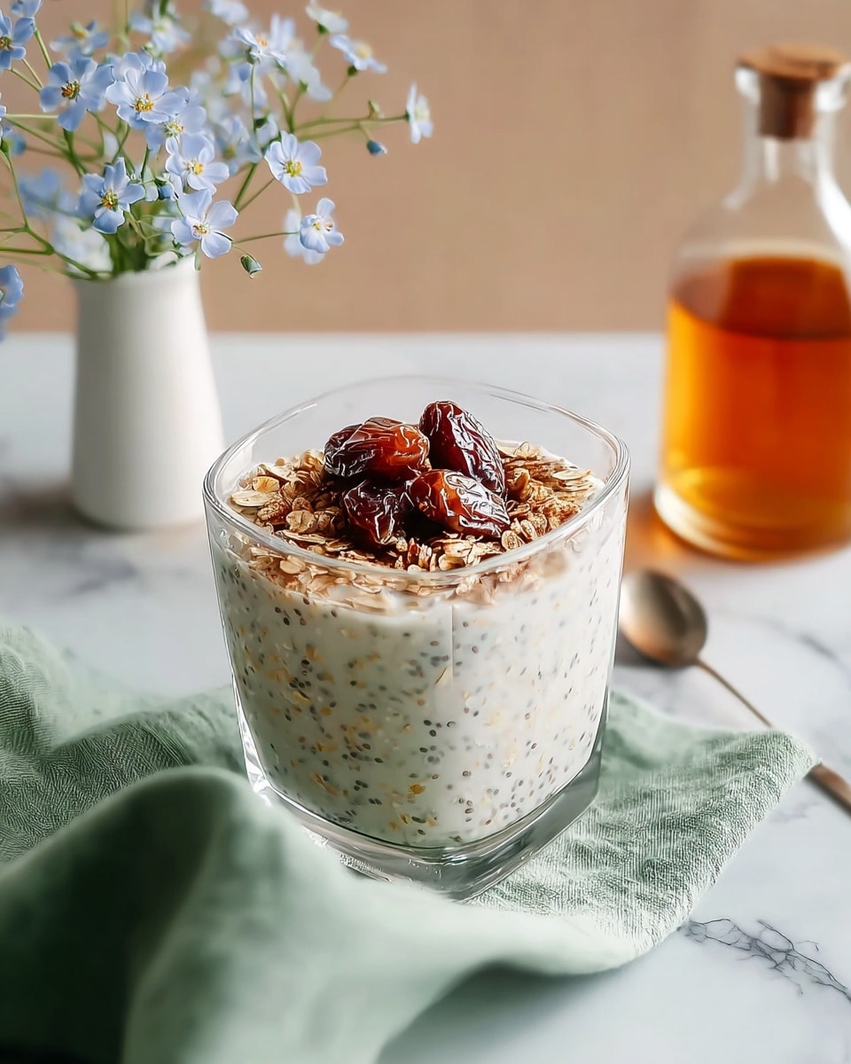 A clear square glass filled with creamy white oats mixed with small black chia seeds, topped with a layer of light brown rolled oats, sprinkled with cinnamon powder, and garnished with a cluster of dark reddish-brown dates placed on top; the glass sits on a soft green cloth on a white marbled surface, with a blurred white vase holding small light blue flowers on the left and a glass bottle filled with amber liquid in the background. photo taken with an iphone --ar 4:5 --v 7