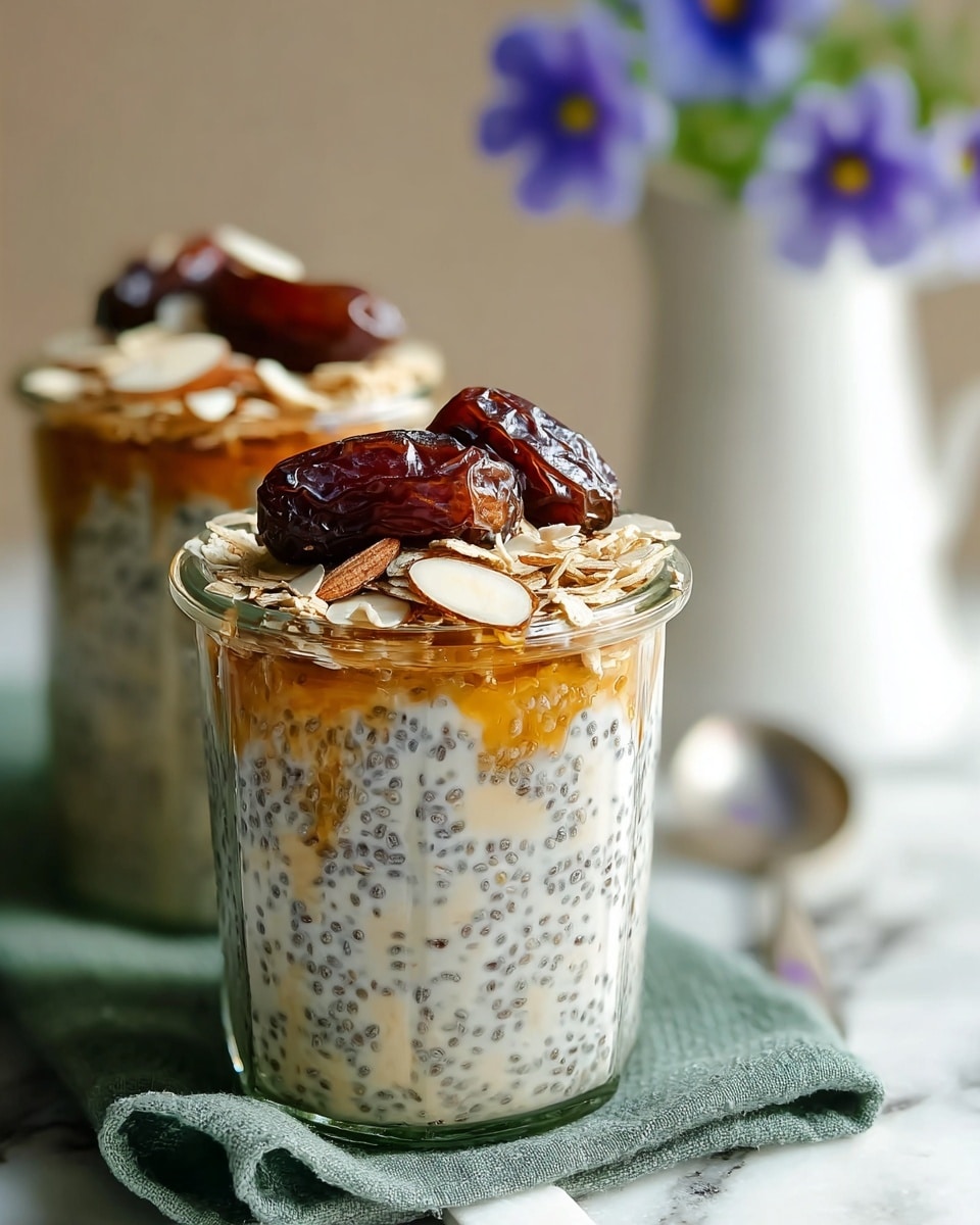 The image shows two clear glass jars filled with a creamy chia pudding as the base layer, dotted with black chia seeds throughout. On top of the pudding, there is a layer of golden honey or syrup, giving a shiny appearance. Above that, a layer of rolled oats and thin almond slices adds texture, with two large dark brown dates sitting on top, providing a rich contrast in color. The jars are set on a green cloth on a white marbled surface, with a blurred white vase holding purple-blue flowers in the background. photo taken with an iphone --ar 4:5 --v 7