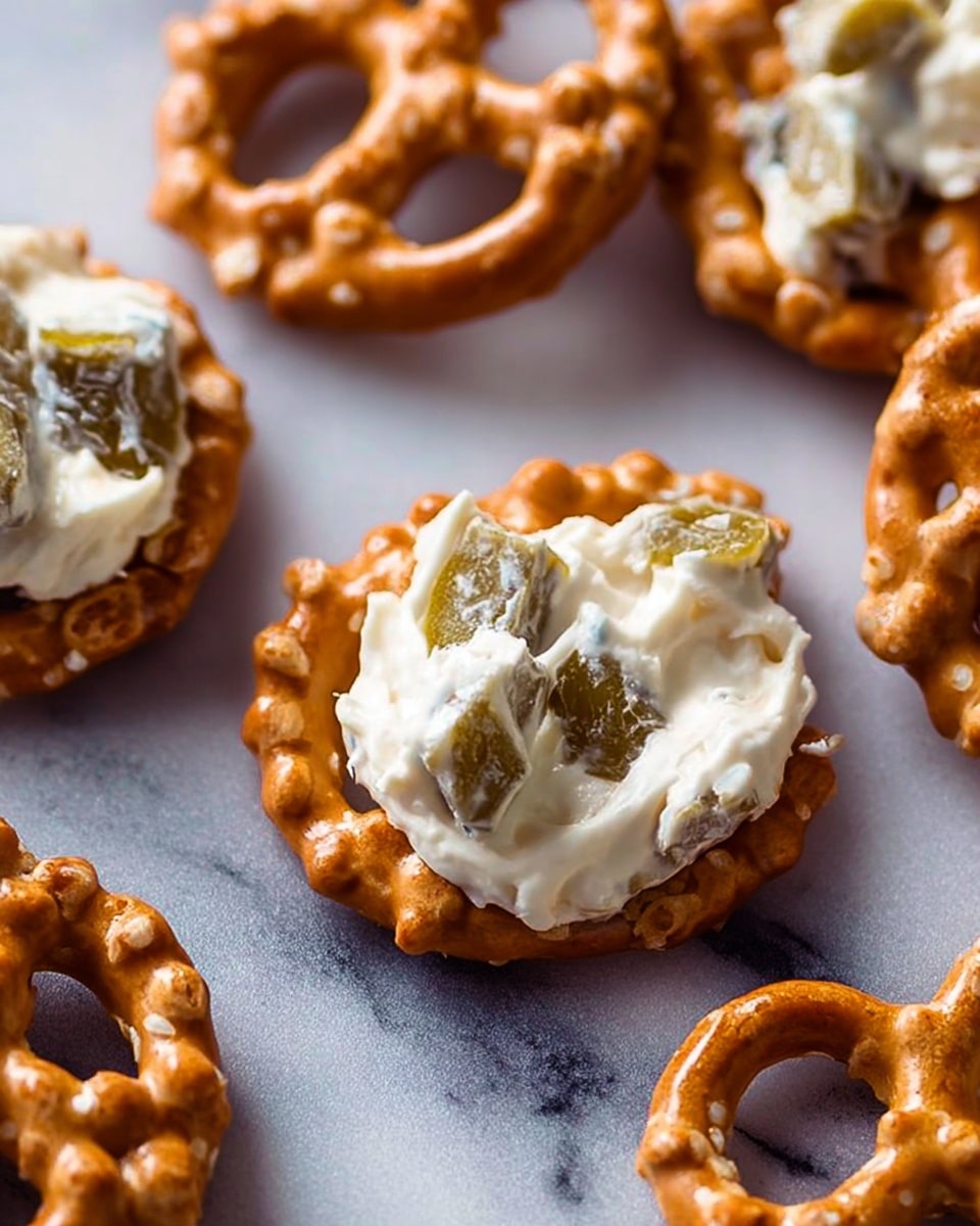 The image shows several golden brown pretzel crackers with a rough, bumpy texture, each topped with a dollop of creamy white cheese spread. The cheese has visible pieces of greenish pickles mixed in, adding some uneven texture and color contrast on top of the smooth creamy layer. The pretzel crackers are arranged loosely on a white marbled surface, with one cracker in sharp focus at the center and others softly blurred in the background. Photo taken with an iphone --ar 4:5 --v 7