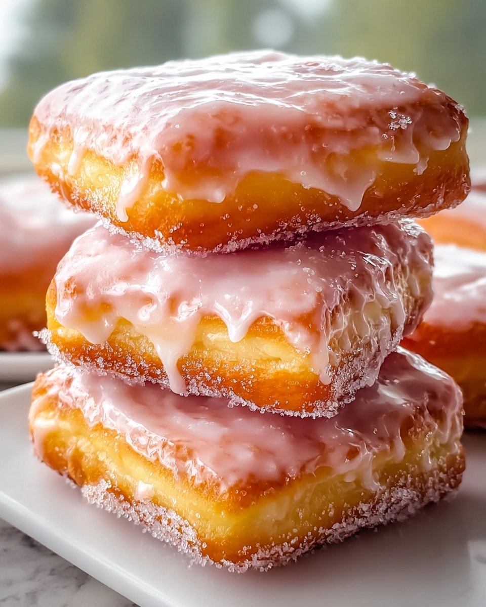 A close-up view of a stack of three square-shaped donuts covered in a shiny, light pink glaze. Each donut has two visible layers: a golden brown fried dough base with a soft, light yellow creamy filling in the middle. The glaze drips slightly down the sides and the donuts have a sugary texture on their edges. The donuts are placed on a white plate with a white marbled background behind them. photo taken with an iphone --ar 4:5 --v 7