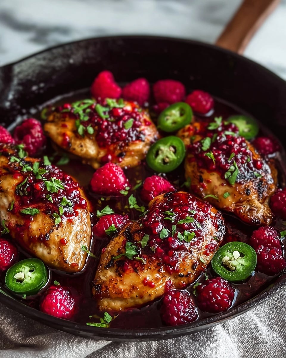 The image shows four pieces of grilled chicken with a golden brown char, each topped with a dark red raspberry sauce. The chicken pieces sit in a shallow layer of the same sauce inside a black skillet. Scattered around the chicken are whole red raspberries and bright green jalapeño slices, creating a contrast of colors. Small green herb leaves are sprinkled on top, adding freshness and texture. The black skillet is set against a white marbled surface with a light grey cloth underneath. Photo taken with an iphone --ar 4:5 --v 7