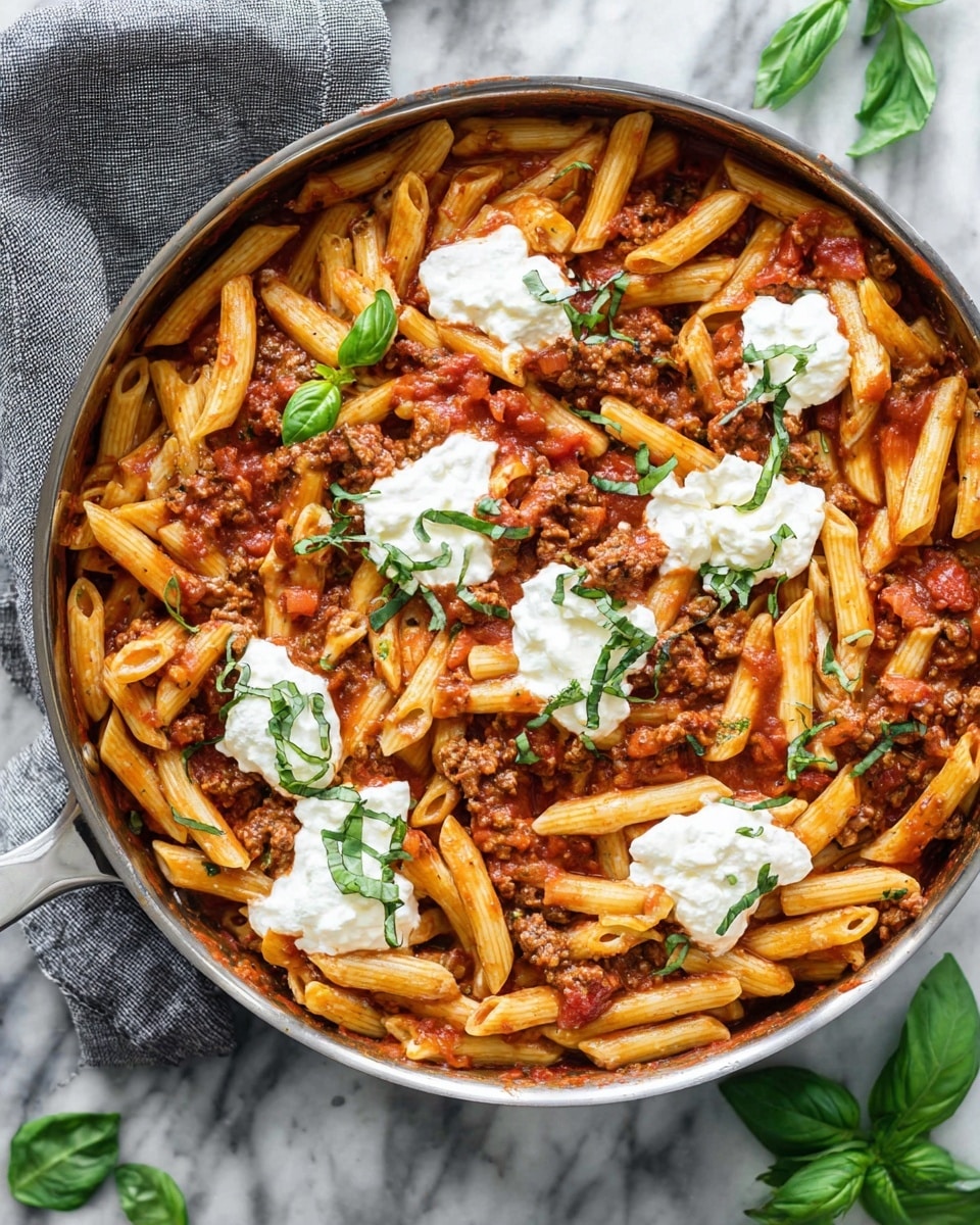 A large pan filled with three layers: the bottom layer is chunky red tomato sauce with pieces of browned ground meat, the middle layer is short, tube-shaped penne pasta coated in the sauce, and the top layer has dollops of soft white ricotta cheese spread unevenly, garnished with fresh bright green basil leaves scattered all over, some chopped finely while others whole. The pan sits on a white marbled surface with a gray cloth partially visible to the top left, and a few basil leaves are scattered around outside the pan. Photo taken with an iphone --ar 4:5 --v 7