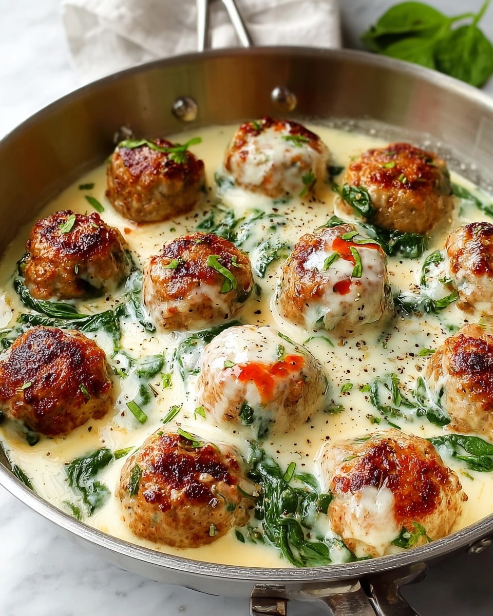 A round silver pan filled with nine browned, round meatballs topped with melted white sauce with green herbs, resting on a cream-colored creamy sauce with visible black pepper and wilted dark green spinach leaves spread around the meatballs, all on a white marbled texture surface. photo taken with an iphone --ar 4:5 --v 7