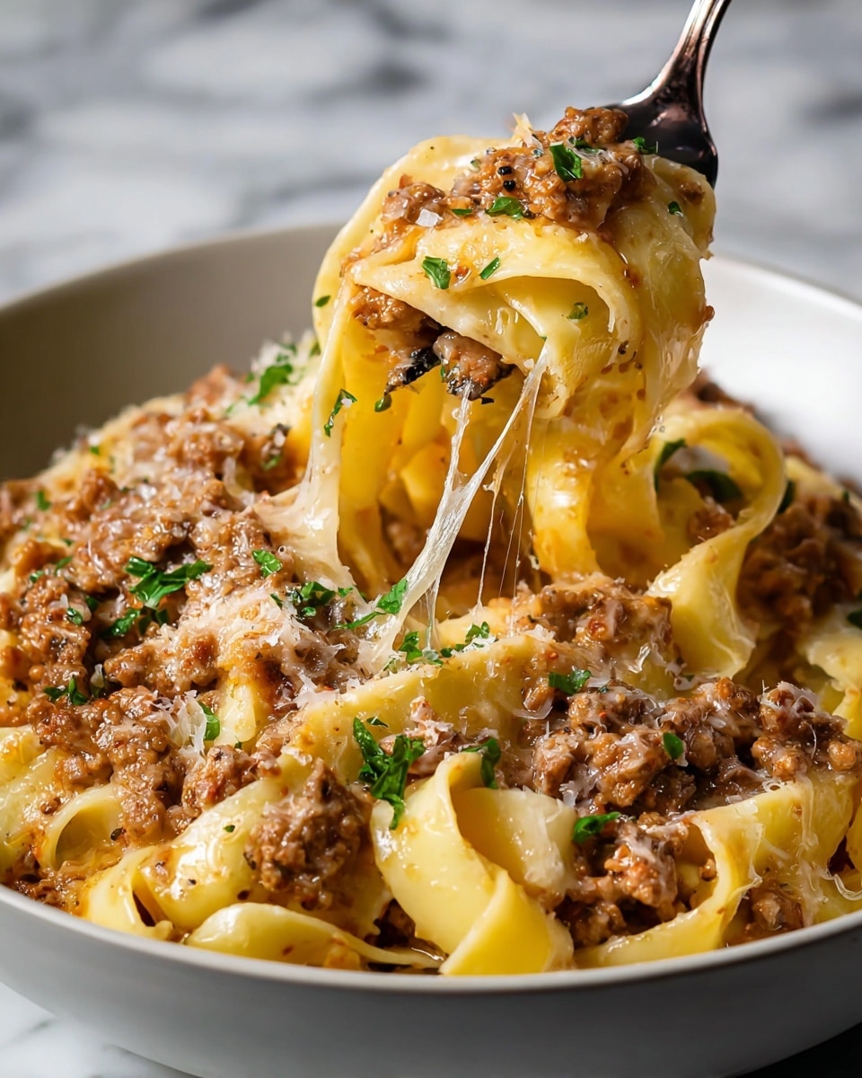 A close-up view of creamy pasta in a white bowl, showing wide yellow pasta noodles mixed with a thick layer of brown minced meat sauce that is creamy and cheesy. The meat and cheese layer sits on top and between the pasta, with melted cheese strands stretching as a spoon lifts a portion. Small green herb leaves are sprinkled across, adding color contrast. The background is a soft blur with a white marbled texture surface. Photo taken with an iphone --ar 4:5 --v 7
