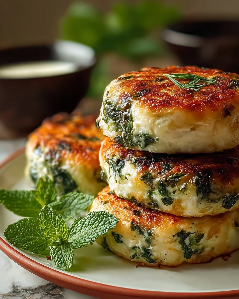 The image shows a close-up view of three round, golden-brown patties stacked on a white plate with a thin reddish rim, resting on a white marbled surface. Each patty has two visible layers: the base layer is creamy white with leafy green herbs mixed in, creating texture, and the top layer is a crispy, browned crust with patches of melted cheese and green herbs. Fresh green mint leaves are placed beside the patties on the plate. The background is blurred but shows hints of green leaves and two dark-colored bowls, one containing a white sauce. The overall look is warm and appetizing. photo taken with an iphone --ar 4:5 --v 7
