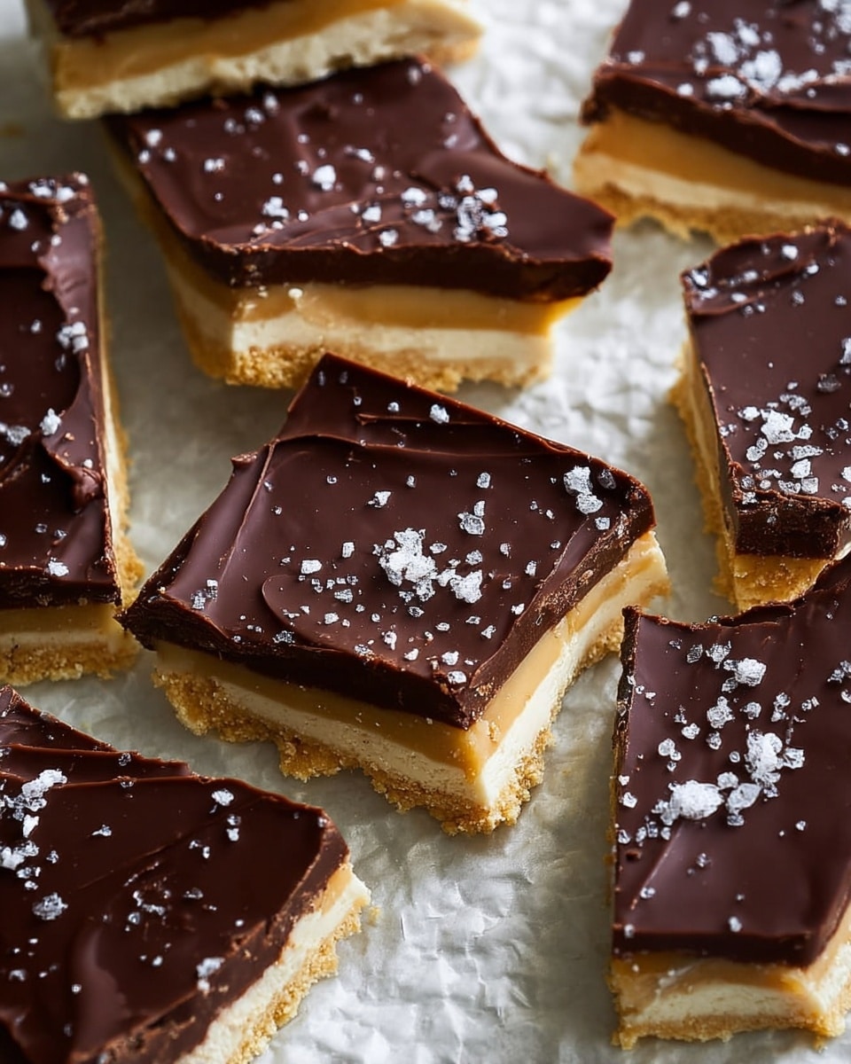 The image shows several pieces of a layered snack arranged closely on a textured white surface. Each piece has three clear layers: a bottom layer of light golden brown crumbly base, a middle creamy beige layer, and a top smooth dark brown chocolate layer sprinkled with coarse white salt flakes. The top chocolate layer looks thick and slightly shiny with some waves and cracks. The layers have rough, uneven edges, and some of the pieces are broken, showing the inside layers. The light and contrast highlight the texture and freshness of the snack. photo taken with an iphone --ar 4:5 --v 7