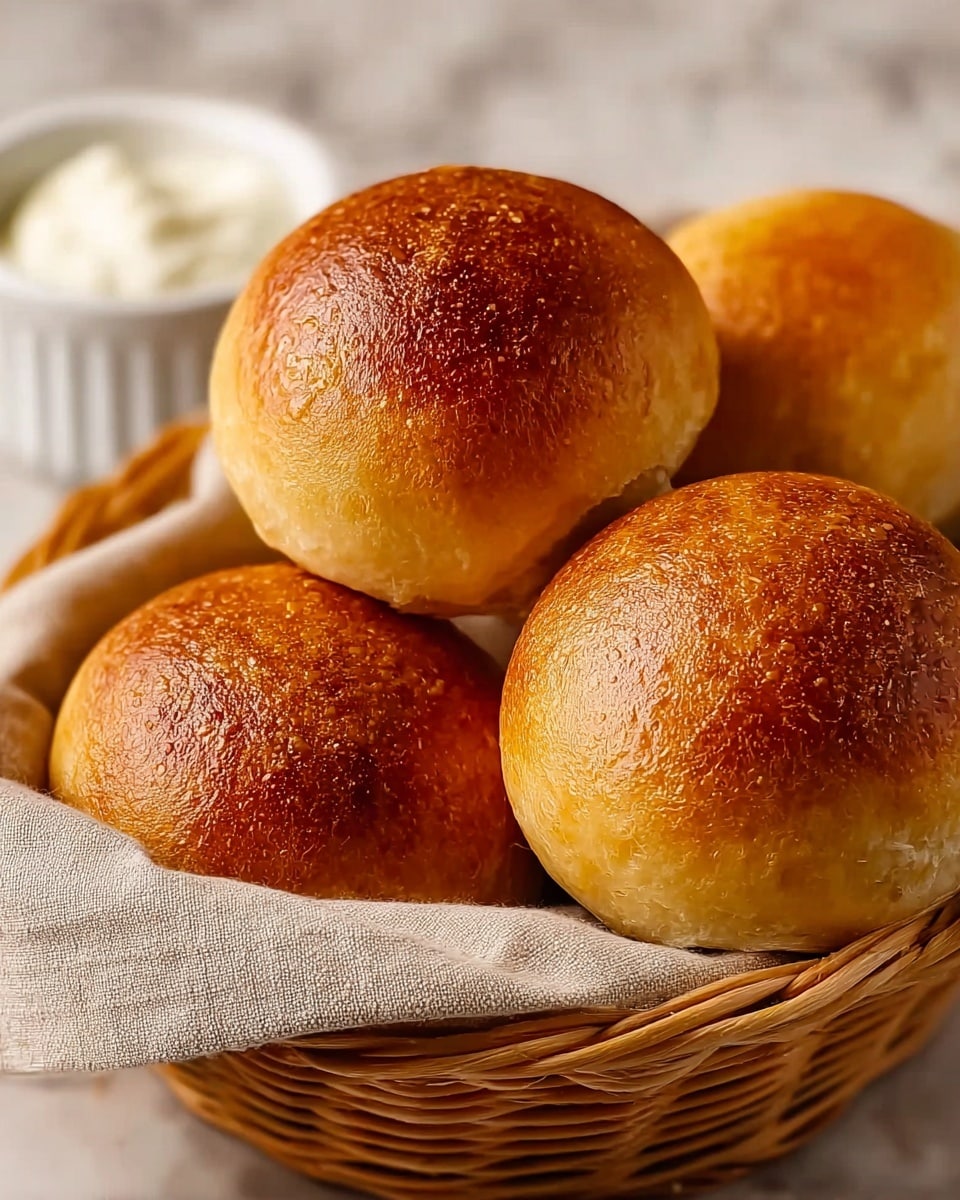 A close-up image of four golden-brown bread rolls with a shiny, slightly textured crust. They are placed in a wicker basket lined with a soft beige cloth. The basket sits on a white marbled surface. In the blurred background, there is a white ramekin filled with a white creamy spread. The lighting highlights the warm tones of the bread rolls, showing their round shape and smooth texture. photo taken with an iphone --ar 4:5 --v 7