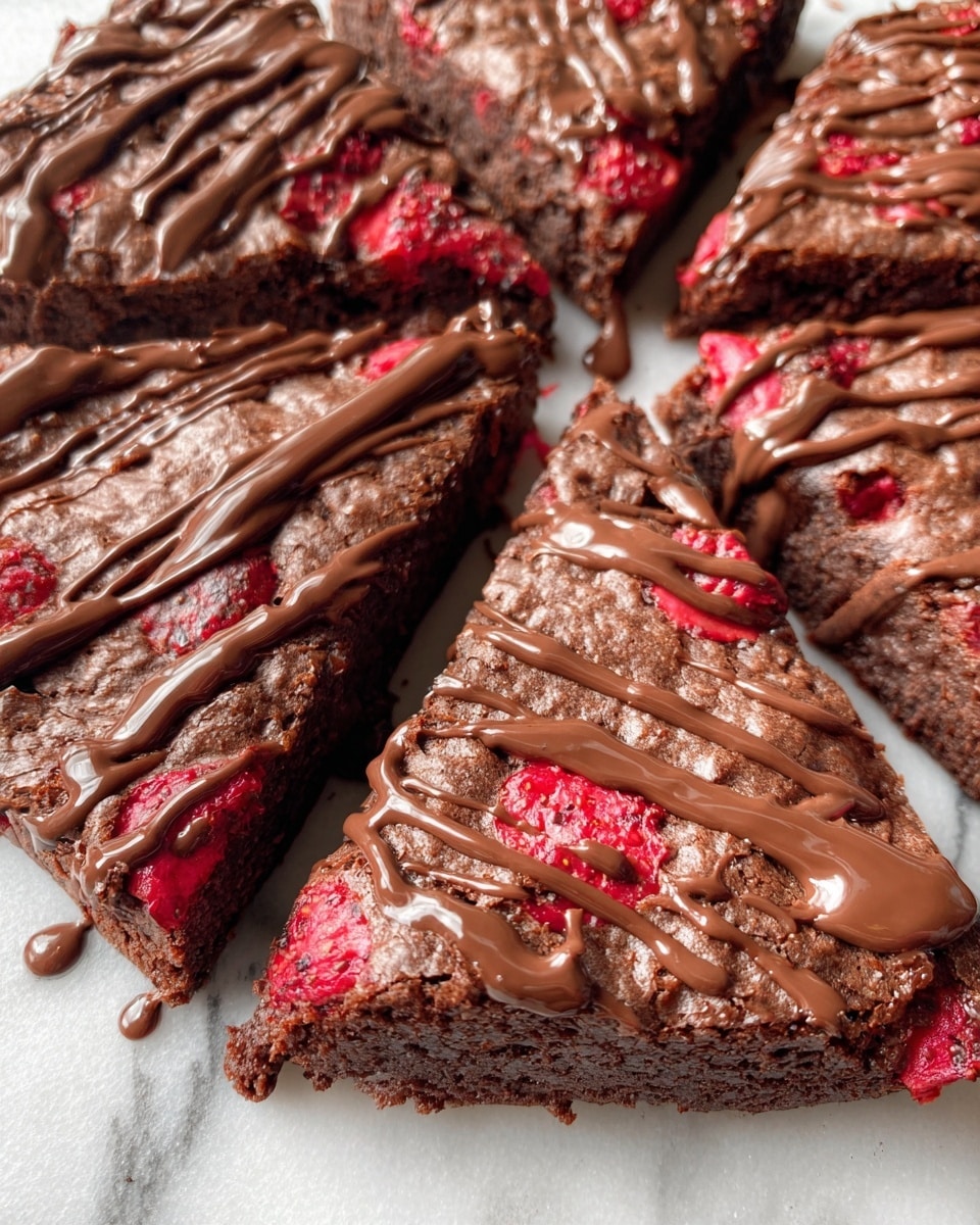 The image shows several triangle-shaped chocolate brownies placed close together on a white marbled surface. Each brownie has a rich, dark brown base textured with bits of red fruit mixed inside, giving spots of bright red color. On top of the brownies, there is a generous drizzle of shiny, melted milk chocolate forming thin and thick lines that cover the surface unevenly. The surface of the brownies looks slightly rough and moist, with some pieces showing a soft crumb texture. photo taken with an iphone --ar 4:5 --v 7