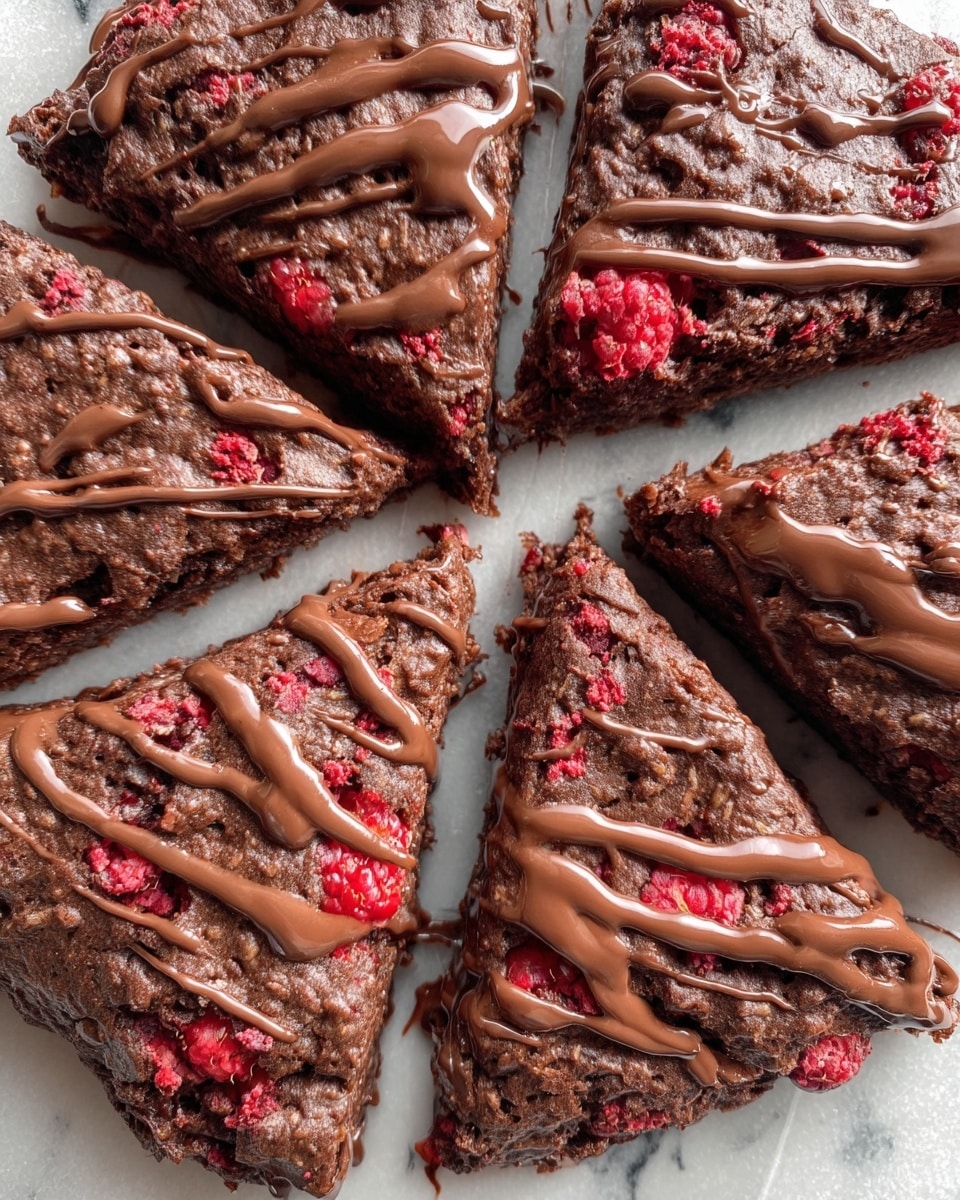 The image shows a close-up of six triangular chocolate scones arranged in a circle on a white marbled surface, each scone covered with a glossy drizzle of melted milk chocolate. The scones have a rich dark brown color with visible bits of bright red raspberries embedded throughout. The scone texture appears soft and dense, with the chocolate drizzle creating shiny, smooth streaks and thicker globs on top. The edges of the scones are uneven and crumbly, showing a homemade feel, and the red raspberry bits add a contrasting pop of color against the dark chocolate. photo taken with an iphone --ar 4:5 --v 7