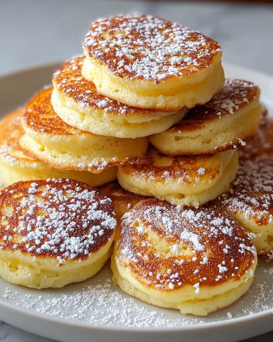 A pile of small, thick pancakes stacked on a white plate, each pancake showing a golden brown texture on the top and sides, with a soft, fluffy yellow inside seen on the edges. The pancakes are sprinkled with white powdered sugar unevenly, giving a light dusted effect on the top of the stack and around on the plate. The edges of the pancakes have a slightly crispy look, and the stack appears cozy and inviting on a white marbled surface. photo taken with an iphone --ar 4:5 --v 7
