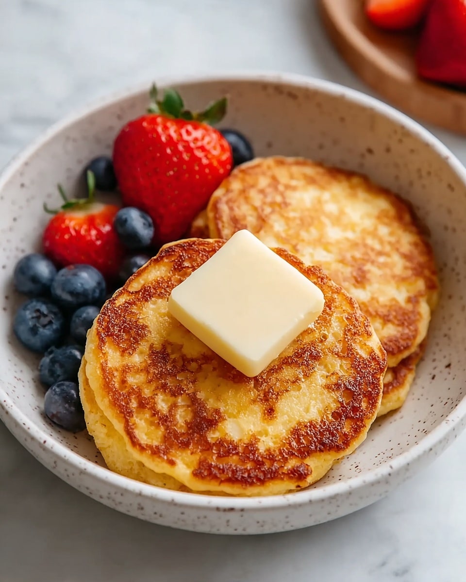 Two golden-brown round pancakes with a crispy texture are stacked slightly overlapping in a white speckled bowl. On top of the front pancake, there is a thick square pat of pale yellow butter. Behind the pancakes, fresh berries are arranged with three bright red strawberries and several plump, dark blue blueberries. The bowl sits on a white marbled surface, and parts of additional strawberries are faintly visible in the background. photo taken with an iphone --ar 4:5 --v 7