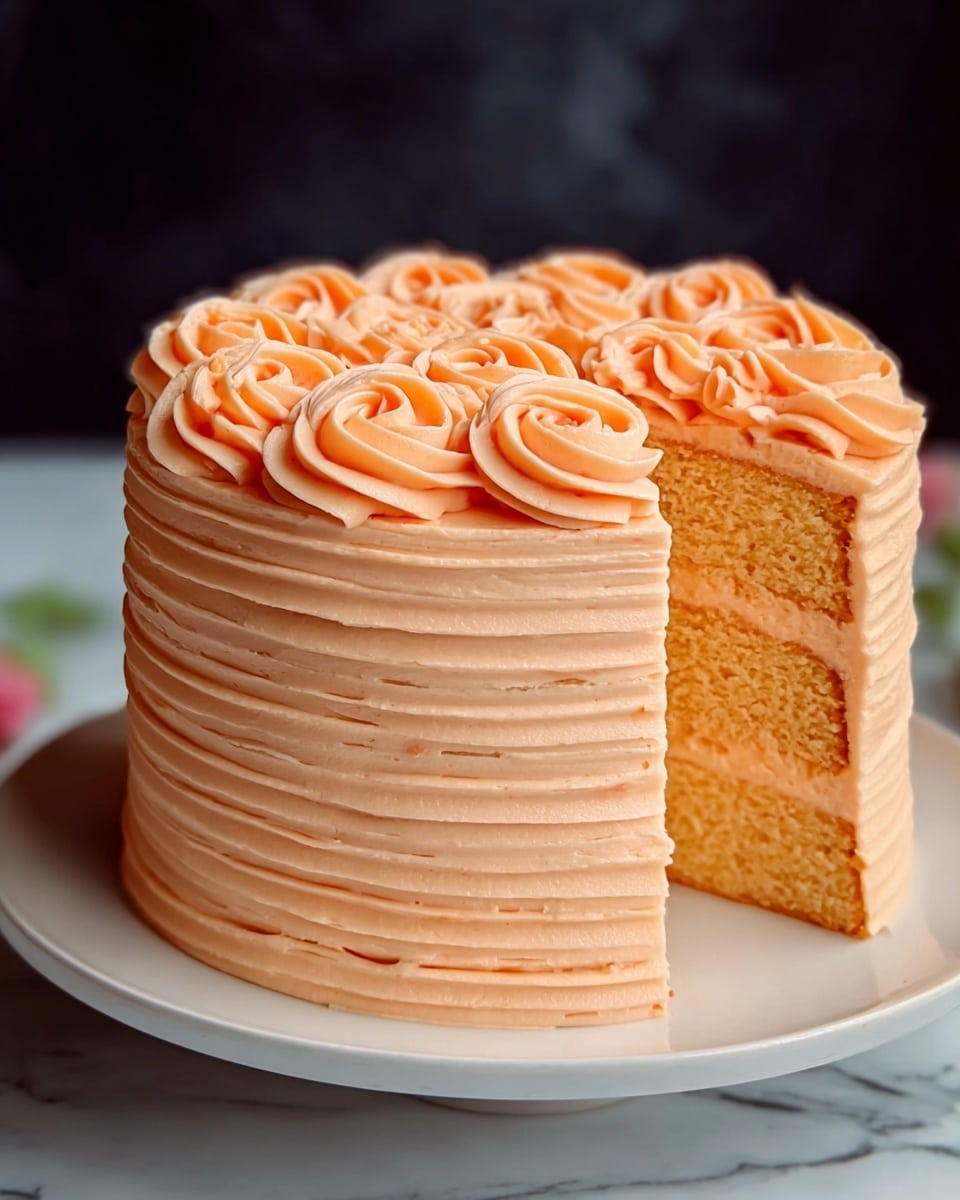 A four-layer yellow cake with light orange frosting between each layer and covering the outside. The top and sides are decorated with swirled rosettes of the same light orange frosting. The cake is on a clear glass cake stand with a white marbled surface beneath it, and there are green leaves blurred in the background. photo taken with an iphone --ar 4:5 --v 7