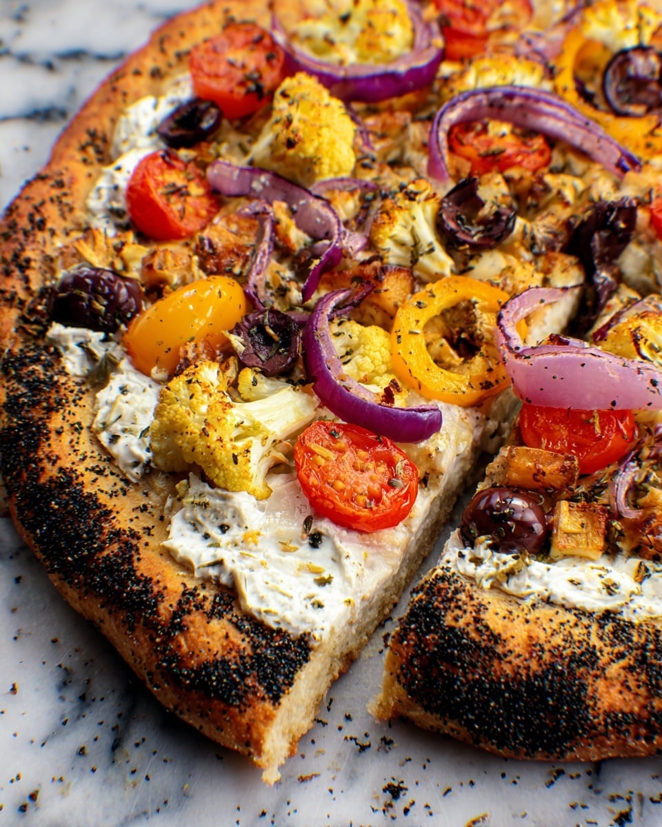 A close-up view of a thick, golden-brown pizza crust with black seasoning sprinkled on the edge. The pizza has several layers: the base dough holds a creamy white cheese spread, topped with scattered chunks of grilled yellow cauliflower, halved roasted cherry tomatoes, thin purple onion rings, thin bright orange and yellow pepper slices, and black olives. The surface of the pizza looks slightly charred and crispy in places, showing a mix of colors and textures against a white marbled background. photo taken with an iphone --ar 4:5 --v 7