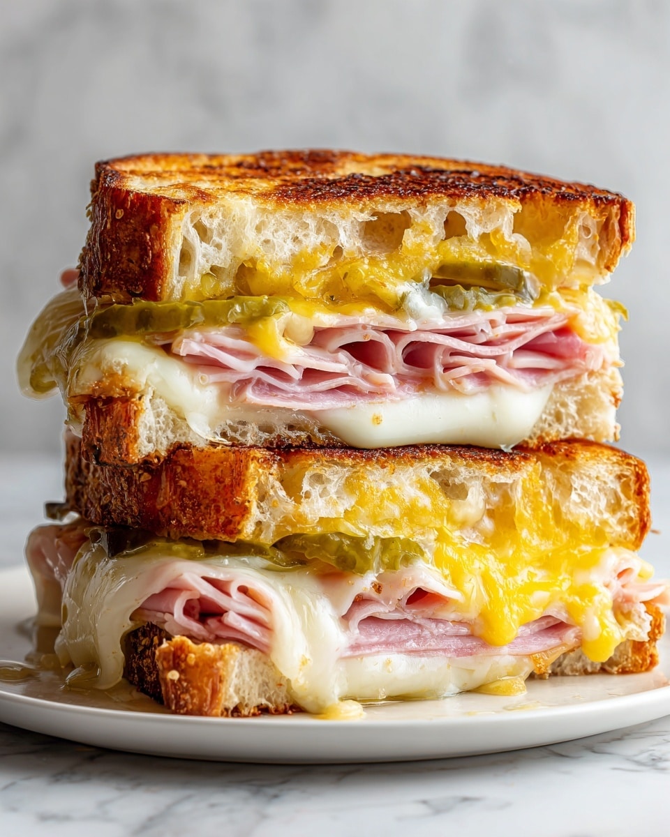 A close-up of a sandwich with two thick slices of golden brown toasted bread, showing a crispy texture on the outside. Inside the sandwich, there are four visible layers: the bottom layer is melted white cheese that looks soft and gooey, above it is a thick layer of thinly sliced pink ham, then a layer of melted yellow cheese, and on top are several slices of green pickles. The sandwich is cut in half and stacked, resting on a white plate with a silver fork nearby, all set on a white marbled surface. Photo taken with an iphone --ar 4:5 --v 7