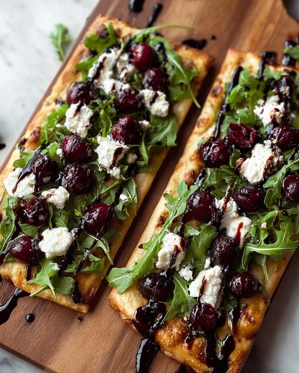 Two rectangular flatbreads are placed side by side on a wooden board. Each flatbread has a light golden crust base, topped with bright green fresh arugula leaves scattered over the surface. On top of the arugula, there are dollops of creamy white cheese and dark red whole cherries evenly spread out. A dark, glossy drizzle of balsamic reduction is applied across both flatbreads, adding contrast and shine to the toppings. The wooden board rests on a white marbled surface visible at the edges. photo taken with an iphone --ar 4:5 --v 7
