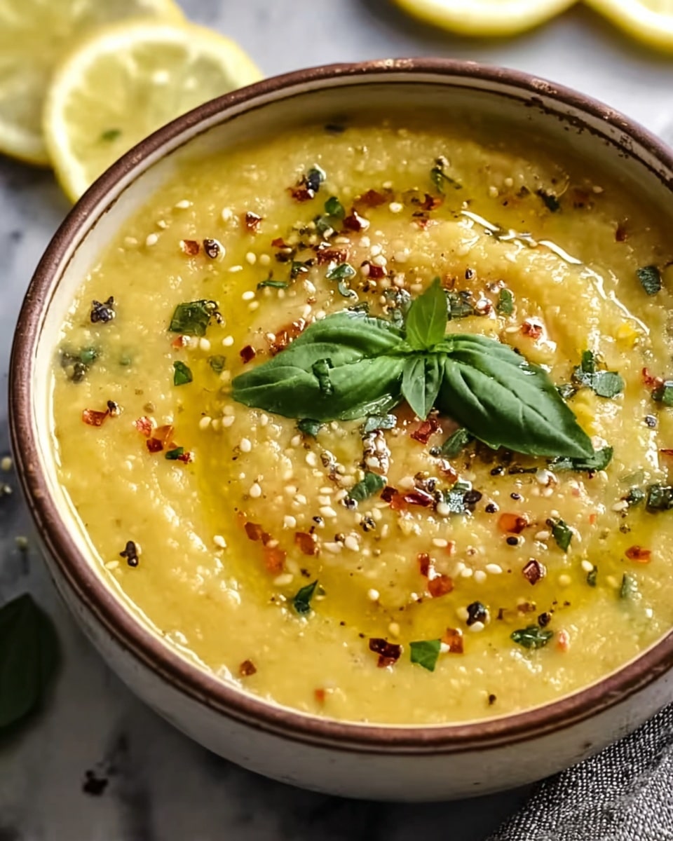 A close-up image of a bowl filled with yellow soup that has a thick, chunky texture with small pieces visible throughout. The bowl is white with a brown rim and filled almost to the top. On the surface of the soup, there is a swirl of golden oil, sprinkled sesame seeds, black pepper, some red pepper flakes, and small bits of green herbs. On top in the center, two fresh green basil leaves lay flat. Around the bowl, parts of a white marbled surface and a gray cloth are visible, with slices of lemon blurred in the background. photo taken with an iphone --ar 4:5 --v 7