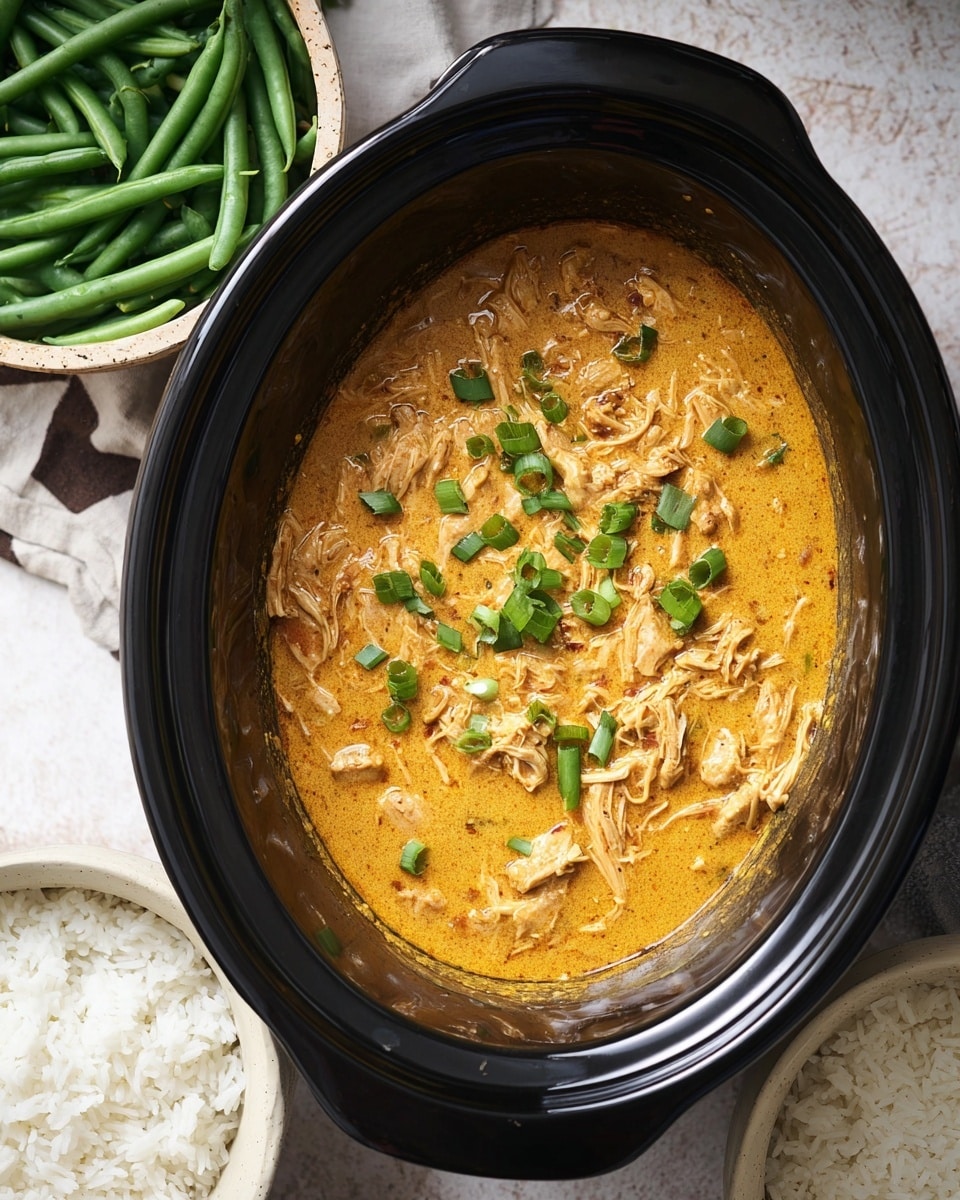 A black slow cooker filled with a thick, creamy orange-yellow stew with visible shredded chicken pieces mixed throughout; the dish is topped with small green onion slices scattered over the surface. To the bottom left is a white bowl filled with bright green cooked green beans, and to the bottom right is a white bowl holding plain white rice. The setting includes a white marbled textured surface under the dishes. Photo taken with an iphone --ar 4:5 --v 7