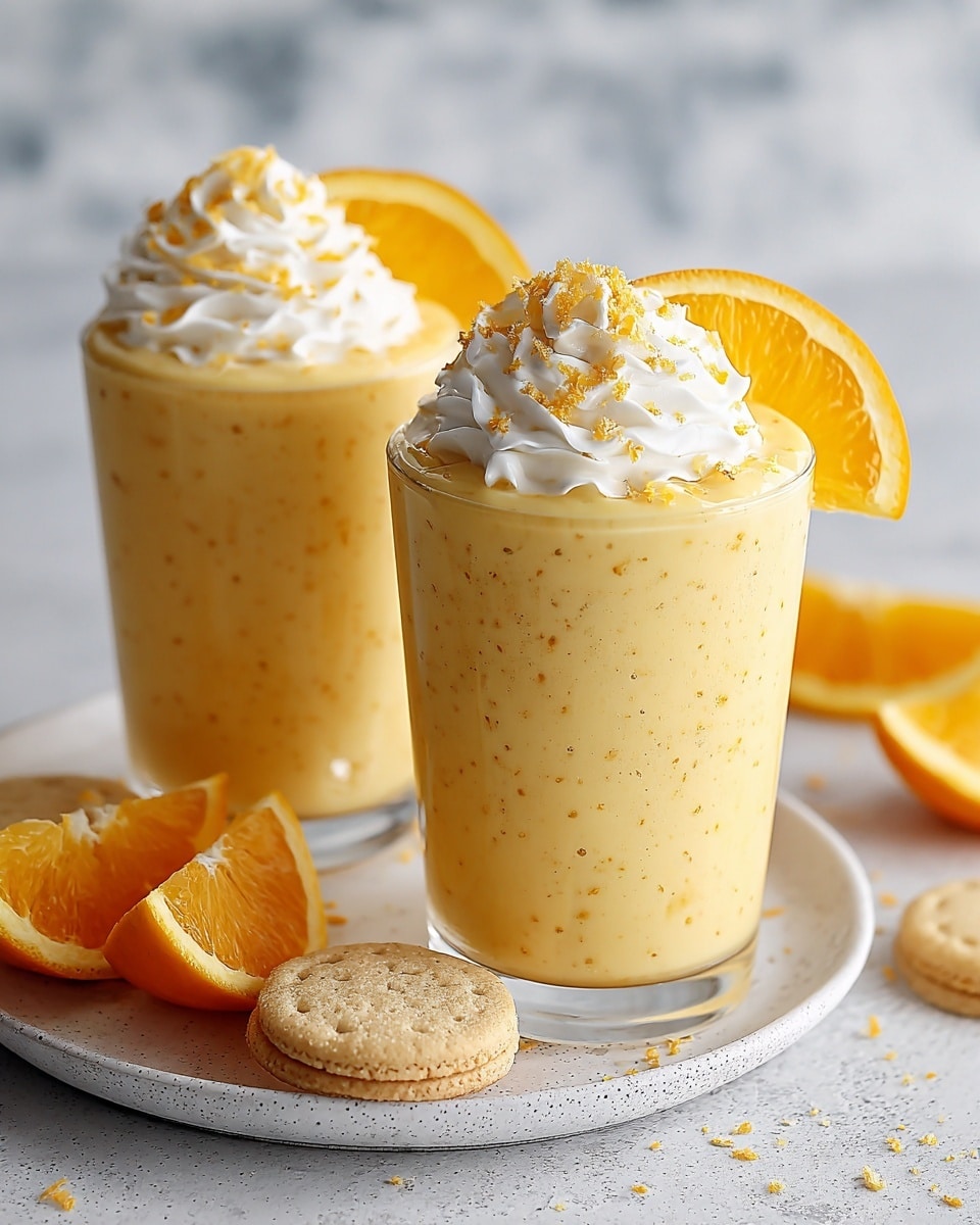 Two clear glasses are filled with a thick, creamy yellow-orange smoothie that has small specks throughout, suggesting bits of orange zest or pulp. Each glass is topped with a swirl of white whipped cream sprinkled with fine orange zest. Both glasses have a bright orange wedge placed on the rim. The glasses rest on a white plate with a slightly speckled texture, which also holds two small round beige cookies and extra orange slices. The setting is on a white marbled surface, softly lit, giving a fresh and inviting look. Photo taken with an iphone --ar 4:5 --v 7
