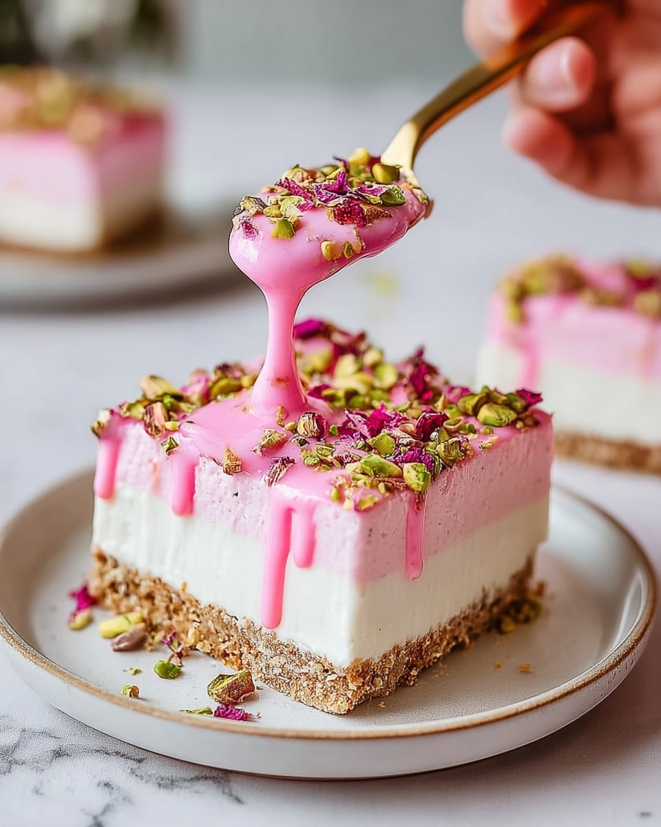 A square, three-layered dessert is shown on a white plate with a light brown edge, sitting on a white marbled surface. The bottom layer is crumbly and light brown, resembling a cookie or nut crust. The middle layer is thick, creamy, and white, smooth in texture. The top layer is bright pink, thick, and mousse-like with a soft and airy texture. Scattered on the pink layer are crushed green pistachios and small pieces of dried red berries, adding vibrant color and texture. In the background, more pieces of the same dessert are visible slightly out of focus. Photo taken with an iphone --ar 4:5 --v 7