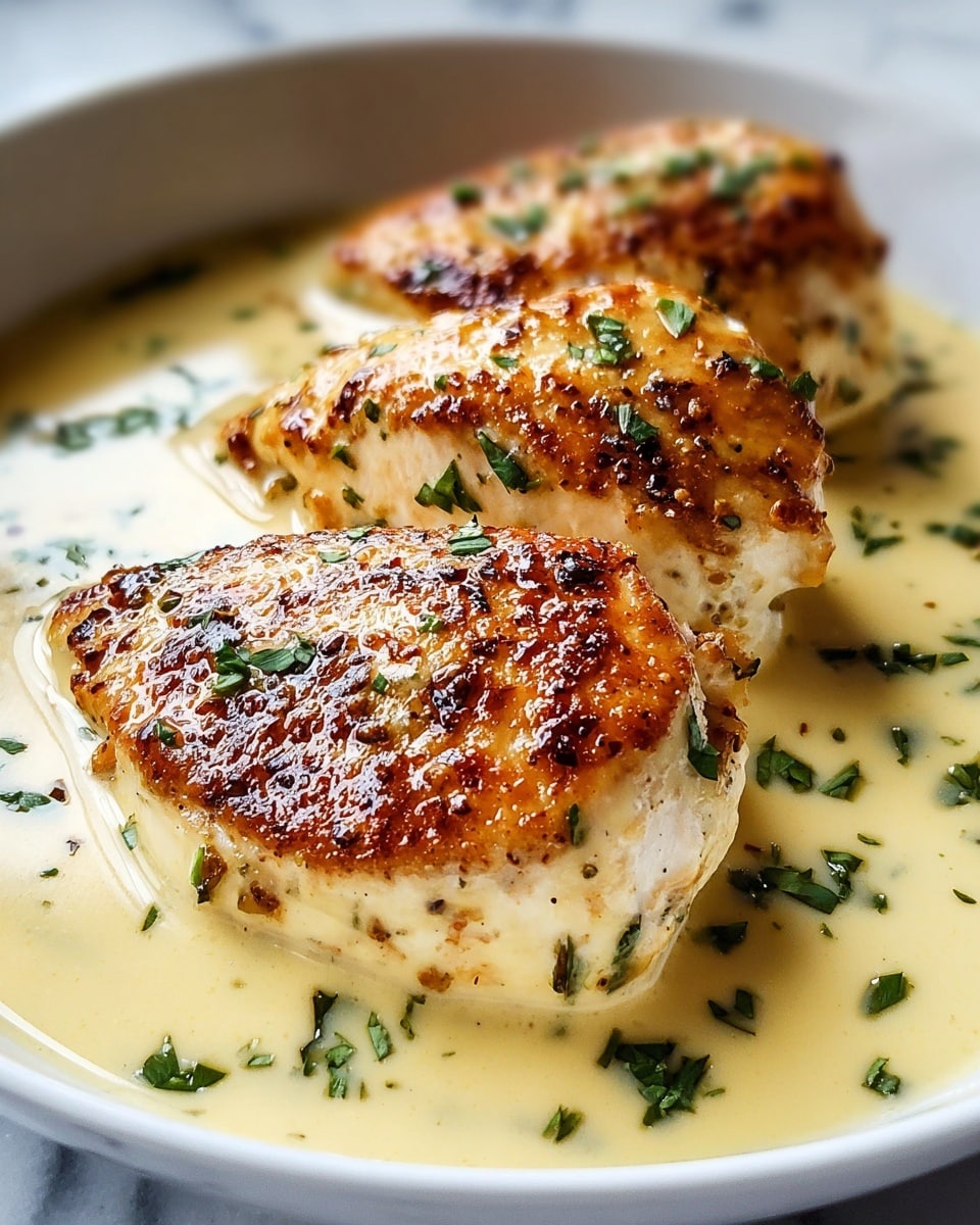 The image shows three thick, browned chicken breasts with a golden crust on top, sitting in a creamy, light yellow sauce. The sauce is smooth and slightly glossy, pooling around the chicken and sprinkled with small pieces of fresh green herbs. The chicken looks juicy and tender, with some browned spots adding texture. The dish is served in a white bowl with a clean, white marbled surface underneath. photo taken with an iphone --ar 4:5 --v 7