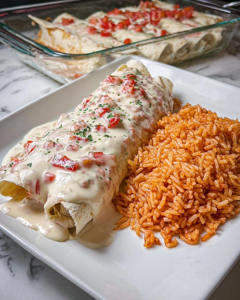 The dish shows a white square plate with two main parts: on the left, one burrito covered fully with a thick, creamy white sauce mixed with red tomato bits and small green herb pieces, the sauce is smooth and slightly shiny, flowing down the sides of the burrito; on the right side of the plate, there is a mound of cooked rice with a warm orange color and a slightly wet texture, grains distinct but clumped together, the background is a white marbled surface and behind the plate, a glass baking dish with more burritos covered in the same sauce is visible; photo taken with an iphone --ar 4:5 --v 7