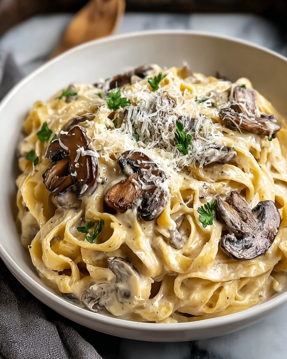 A bowl filled with creamy yellowish pasta strands layered with dark brown sautéed mushroom slices on top, sprinkled with white grated cheese and small green herb pieces, all sitting in a white marbled textured setting. photo taken with an iphone --ar 4:5 --v 7