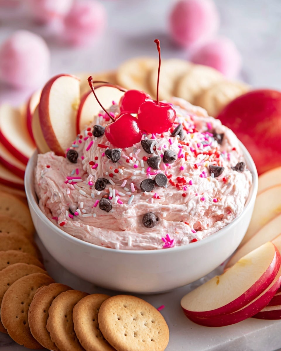 A white bowl filled with a thick, creamy mixture that is light pink with small dark chocolate chips spread throughout. The top is decorated with colorful sprinkles in pink, white, and red, along with three bright red cherries placed on top. There is one thin slice of red apple leaning against the side of the bowl on top of the mixture. Surrounding the bowl are neatly arranged red apple slices on one side and a row of golden sandwich cookies on the other. The whole setup is on a white marbled surface with soft focus pink and white objects in the background. photo taken with an iphone --ar 4:5 --v 7