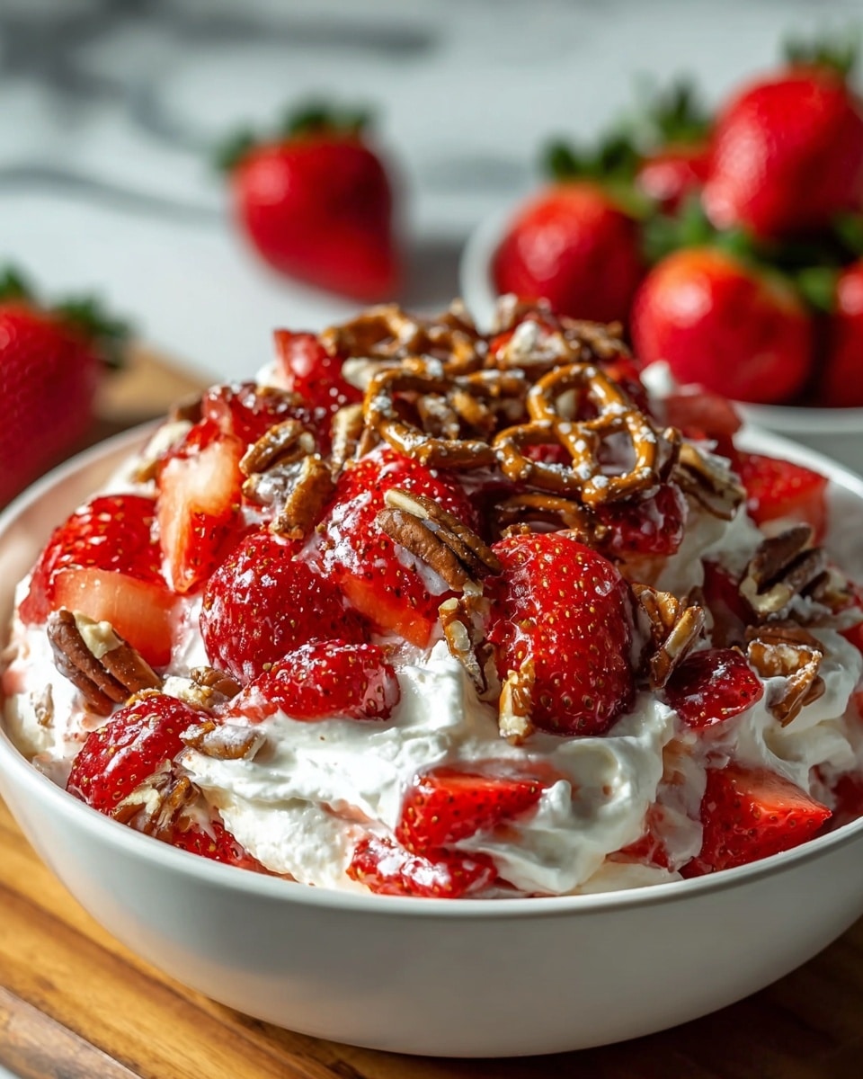 A close-up of a bowl filled with a layered dessert, starting with a base of white whipped cream, topped generously with bright red strawberry halves scattered throughout, and finished with a mix of crunchy, brown pecans and pretzel pieces on top. The bowl is white and sits on a wooden surface, with a soft focus on whole strawberries in the background against a white marbled texture. The colors are vivid, highlighting the fresh red strawberries and the creamy texture. Photo taken with an iphone --ar 4:5 --v 7
