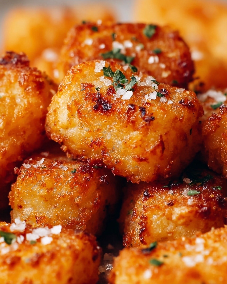 A close-up image of several tater tots stacked closely, each piece showing a rough, crunchy golden-brown crust with browned spots. The tater tots are sprinkled with small, coarse white salt flakes and tiny green herb bits scattered unevenly on their textured surfaces. The background is softly blurred but shows more tater tots in warm tones. The overall look is crispy, crunchy, and well-cooked with a slightly oily sheen. Photo taken with an iphone --ar 4:5 --v 7