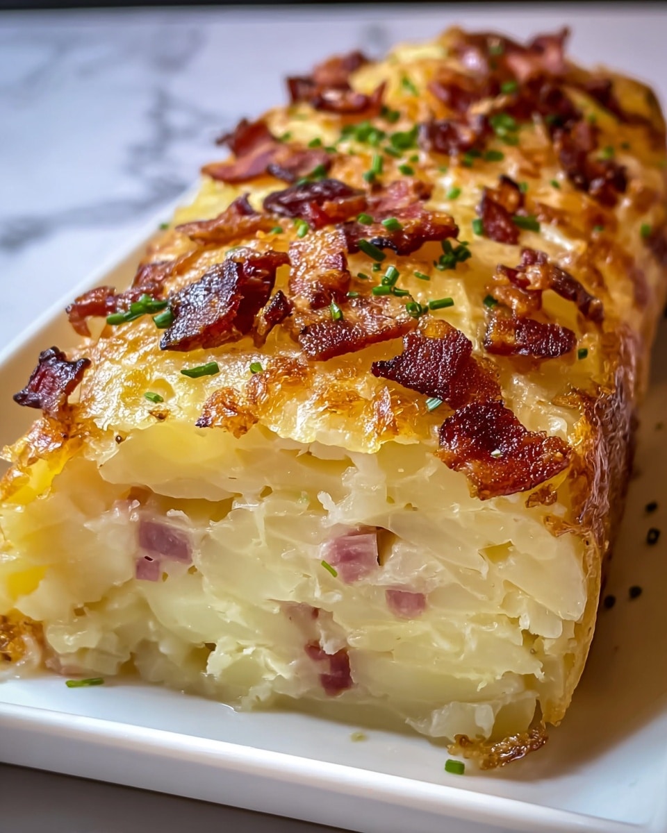 This is a close-up of a thick slice of potato casserole on a white rectangular plate. The dish has multiple layers, starting with a golden brown crispy crust on the outside. Inside, there are soft, creamy layers of pale yellow thinly sliced potatoes mixed with small bits of pinkish ham. The surface is sprinkled with crispy, browned pieces of bacon and small bits of green herbs, adding a pop of color. The texture looks creamy and tender inside, with a crunchy top layer. The background shows a white marbled texture. Photo taken with an iphone --ar 4:5 --v 7