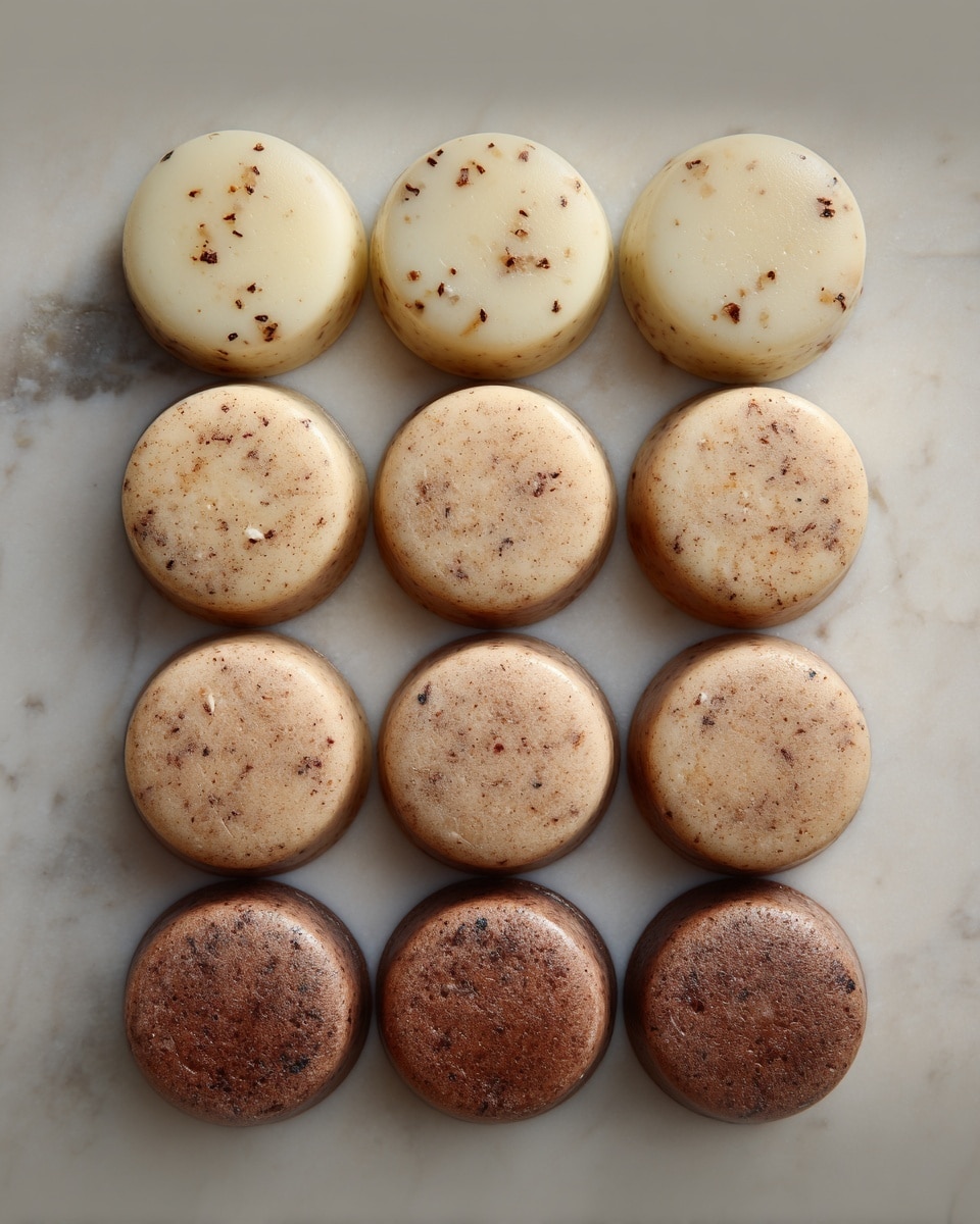 The image shows twelve round pudding-like desserts arranged neatly in a 3 by 4 grid on a white marbled surface. The top row contains four creamy white puddings with small brown bits scattered inside, giving a light speckled texture. The middle row has four light brown puddings with visible specks of darker ingredients evenly mixed throughout, making a soft, grainy look. The bottom row features four darker brown puddings with more intense spots and a slightly glossy surface, indicating a denser texture. Each pudding is smooth with a slightly shiny top surface. photo taken with an iphone --ar 4:5 --v 7