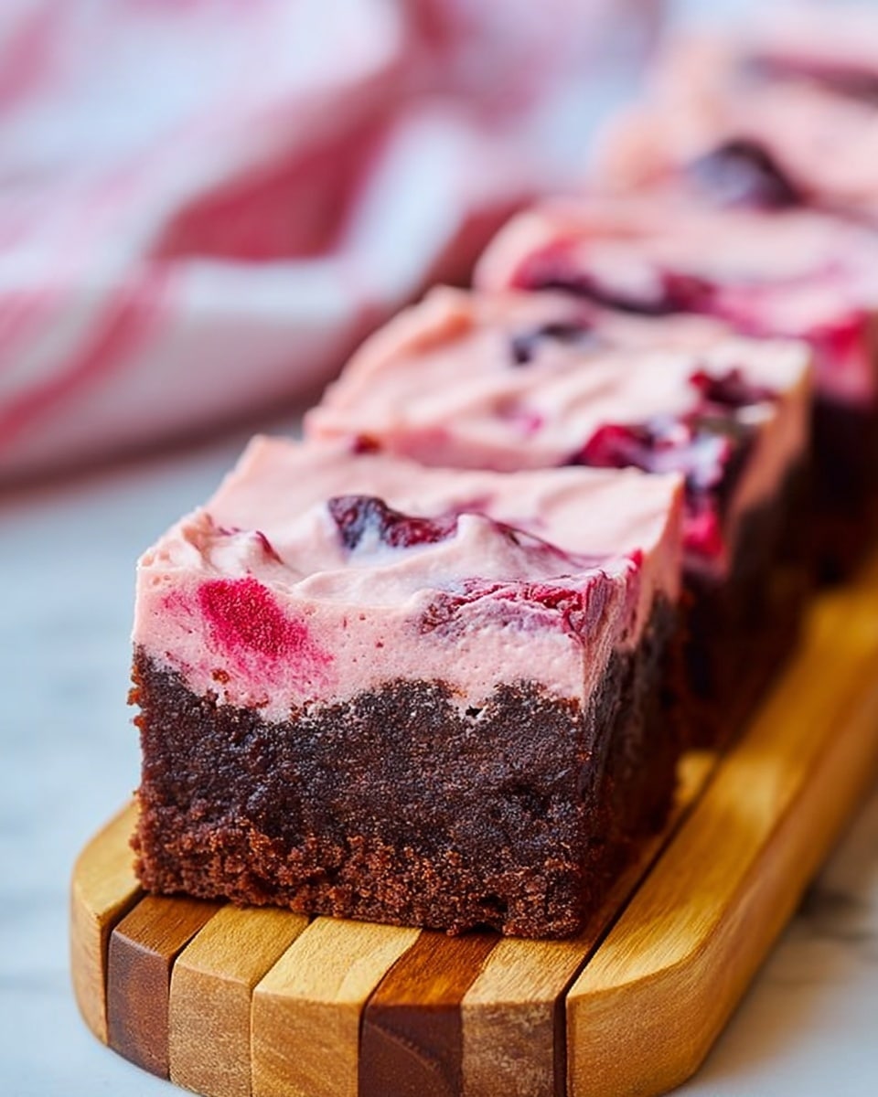 The image shows a close-up of a two-layer dessert square. The bottom layer is thick, dark brown, moist, and dense like a rich chocolate brownie with a slightly rough texture. The top layer is a pink creamy frosting with swirls of darker red and purple fruit pieces, giving it a soft and slightly uneven surface. The dessert pieces are aligned in a row on a wooden slatted base. The background has a soft white marbled texture with a faint pink-striped cloth partially visible. photo taken with an iphone --ar 4:5 --v 7