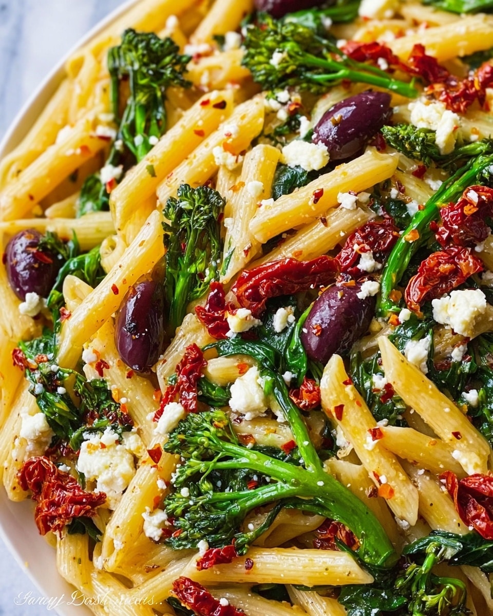 This close-up image shows a colorful pasta dish with several layers. The bottom layer is light golden-yellow penne pasta, cooked and slightly shiny with oil. Mixed evenly throughout are bright green broccolini pieces and wilted spinach with a soft texture. There are deep purple-black olives scattered around, adding contrast. Bright red sun-dried tomatoes are spread throughout, giving bursts of color and texture. Small white crumbles of soft cheese are sprinkled on top, mixing with tiny red chili flakes. The dish appears fresh and vibrant on a white marbled surface. photo taken with an iphone --ar 4:5 --v 7