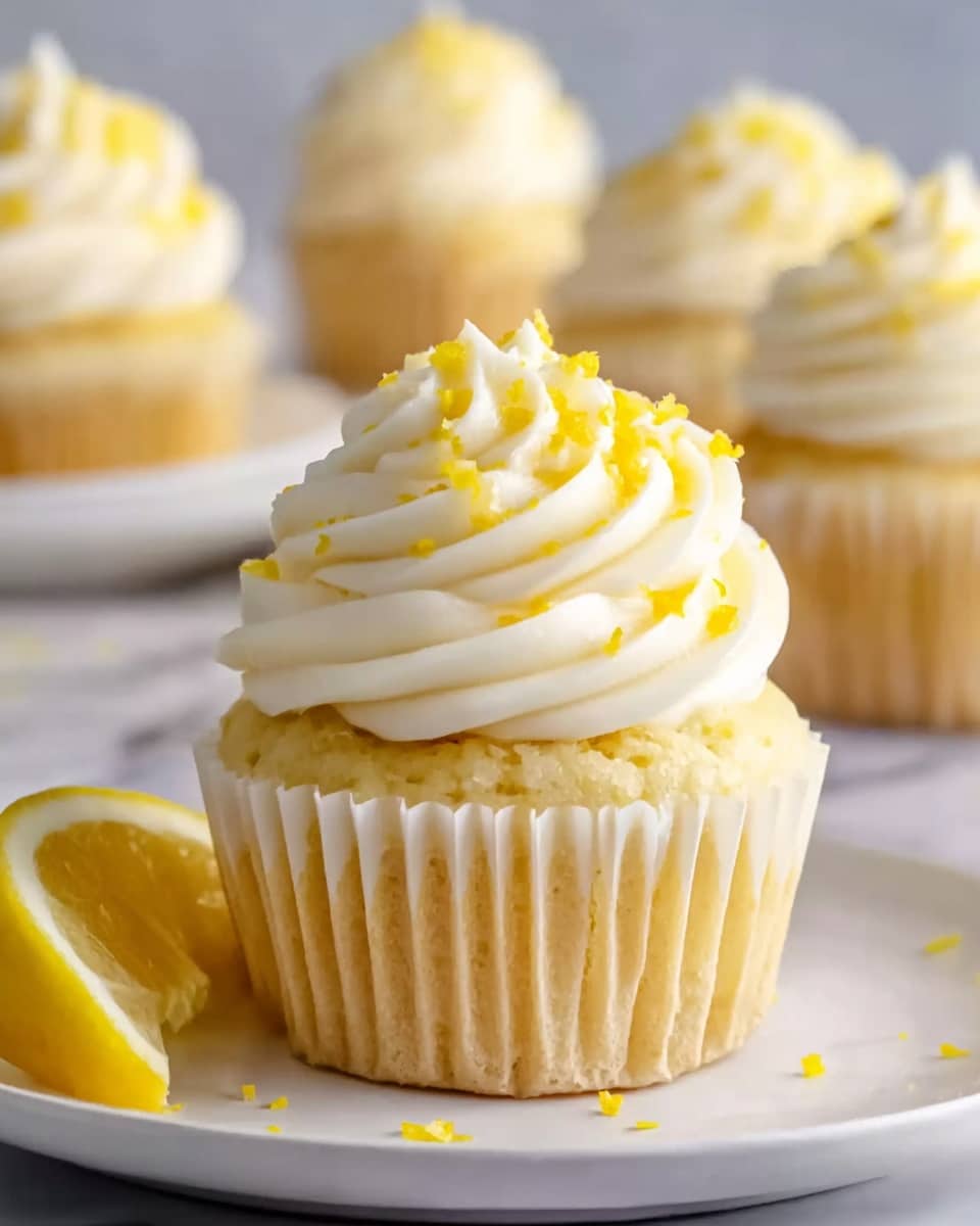A close-up view of a lemon cupcake with a light yellow cake base wrapped in a white paper liner, topped with three thick swirls of creamy white frosting forming a soft peak, and sprinkled with small bright yellow lemon zest pieces. The cupcake is placed on a white plate on a white marbled surface, with a blurred background of similar cupcakes with matching frosting and lemon zest. A fresh lemon wedge is positioned on the lower left in front of the cupcake. photo taken with an iphone --ar 4:5 --v 7