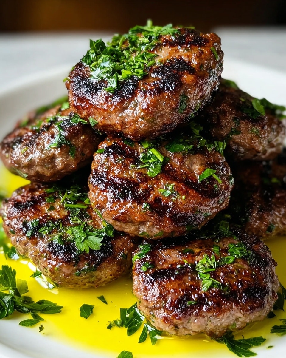 A close-up view of a stack of six grilled meat patties arranged in two layers on a white plate, each patty showing a rich brown seared crust with visible grill marks and shiny, juicy texture. Fresh, chopped green herbs are sprinkled generously over and around the patties, adding bright green spots to the dark brown meat. The plate sits on a white marbled surface with a glossy yellow oil surrounding the base of the patties, reflecting light and enhancing the moist look of the dish. Photo taken with an iphone --ar 4:5 --v 7