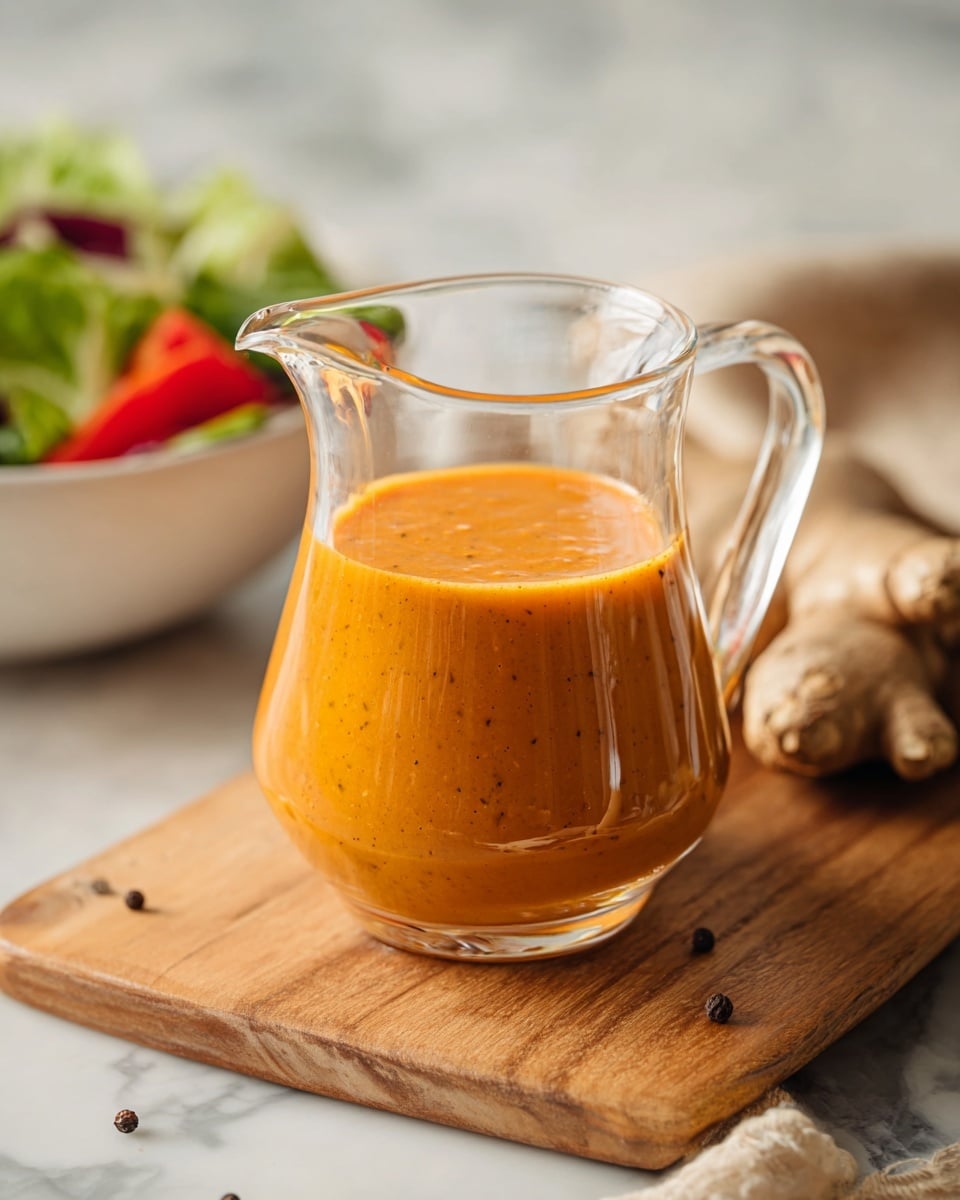 A clear glass pitcher with a small spout and handle is filled with a smooth, orange-colored sauce that has tiny black spices mixed throughout; the pitcher sits on a light wooden board next to a piece of ginger root, all against a white marbled surface with a blurry background showing a white bowl filled with green and red salad ingredients. photo taken with an iphone --ar 4:5 --v 7