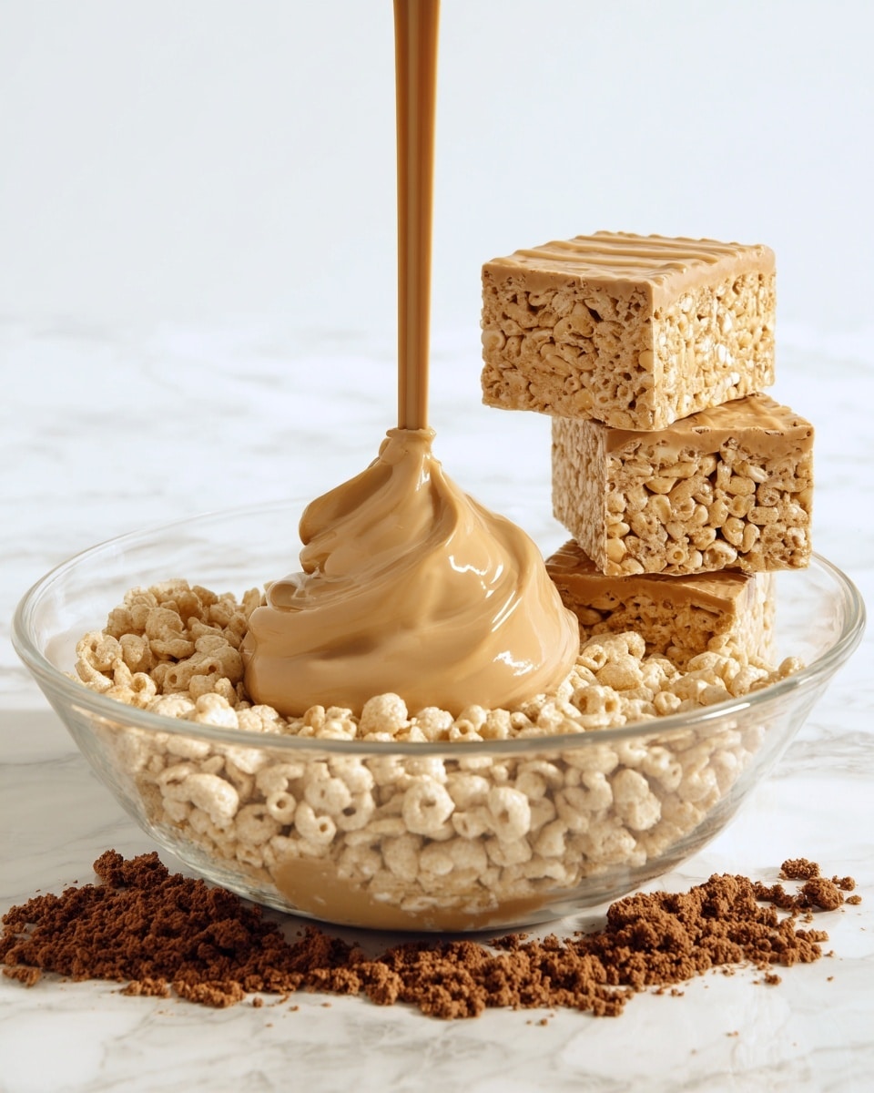 A clear bowl holds three layers of different textures and colors. The bottom layer is small, puffy, beige-colored cereal pieces spread evenly at the base. On top of and mixed with the cereal are rough, dark brown crumbled pieces scattered around the bowl. The main layer in the center is a smooth, swirl of shiny light brown cream being poured from above, creating a soft, thick mound. To the right, three square crispy rice treats with light beige and darker brown spots are stacked neatly on top of each other. The background and surface are a white marbled texture. photo taken with an iphone --ar 4:5 --v 7