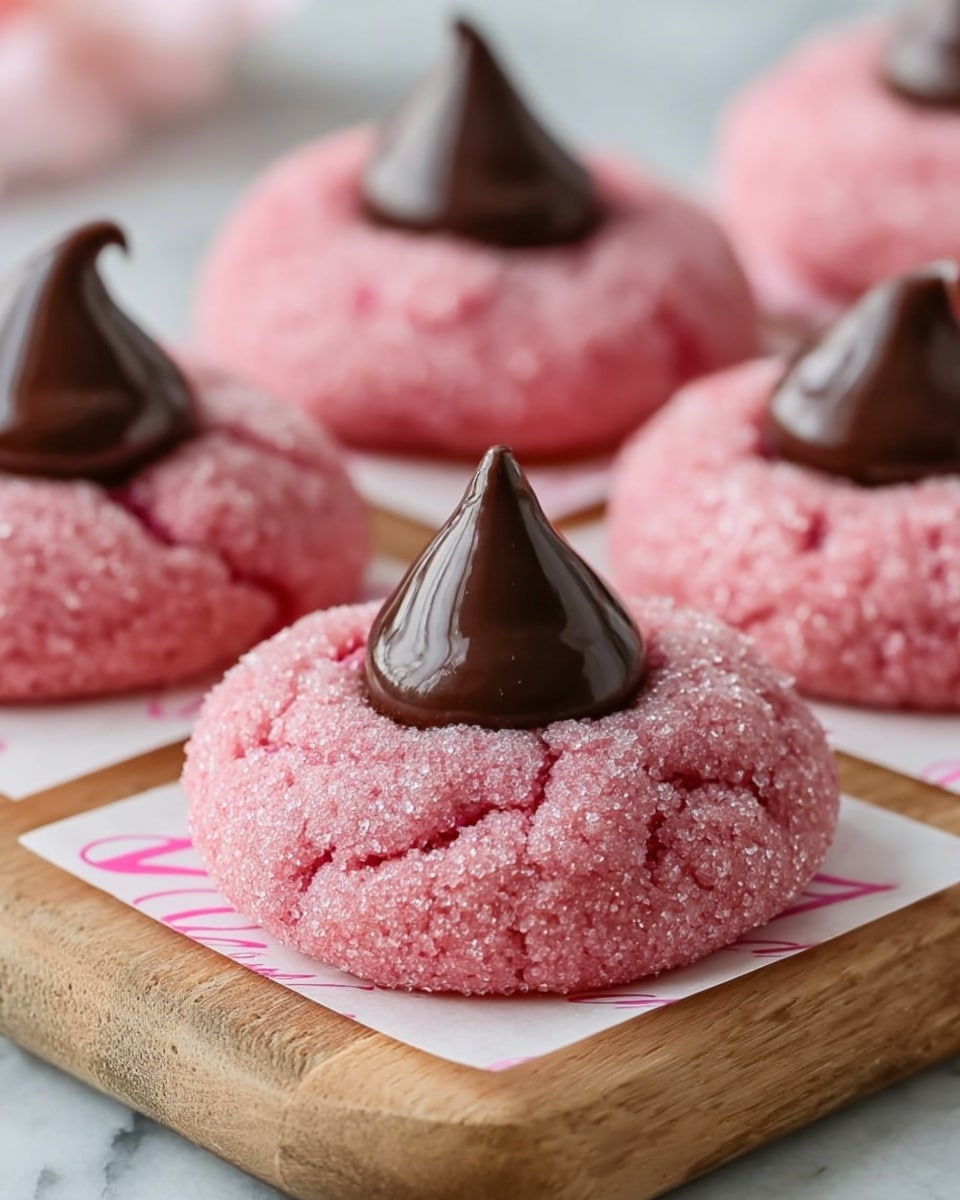 The image shows several pink round cookies with a rough, sugar-coated texture, each topped with a single, dark brown, shiny, cone-shaped chocolate piece in the center. The pink cookie layer is thick and looks soft, slightly domed with a rough sugar sprinkle all over, and the chocolate cone stands upright in the middle of each cookie, creating a two-layer look. They are placed on small square pieces of white paper with pink writing, sitting on a wooden board with a white marbled background. Photo taken with an iphone --ar 4:5 --v 7