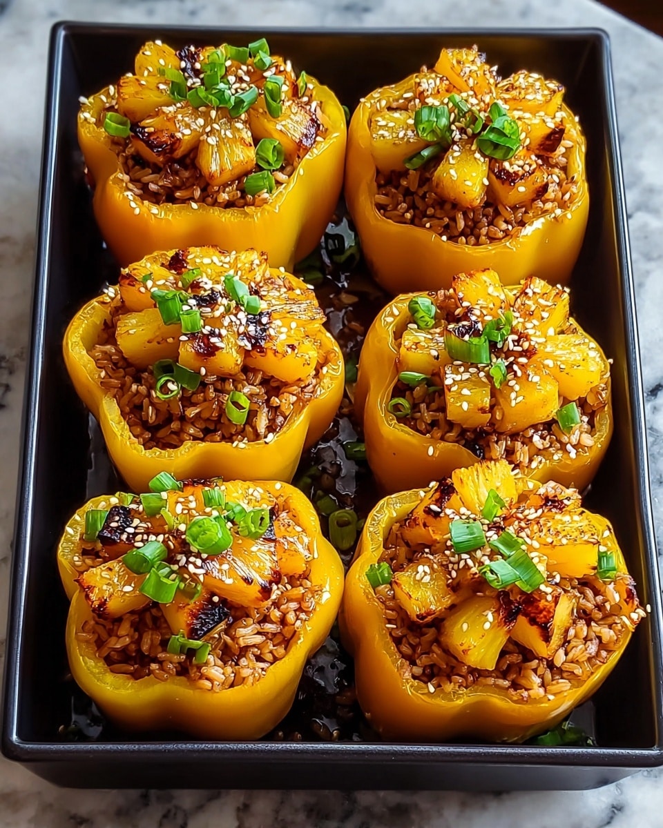 The image shows six yellow bell peppers cut in half and hollowed out, placed close together in a black baking tray on a white marbled surface. Each pepper half is filled with a layer of brown cooked rice inside the hollow, topped with golden-brown grilled pineapple chunks that have a slight charred texture. The dish is garnished with small pieces of green chopped scallions and sprinkled with white sesame seeds, adding extra color and texture. The glossy pepper skins contrast with the soft rice and caramelized pineapples, creating a vibrant, layered visual. Photo taken with an iphone --ar 4:5 --v 7