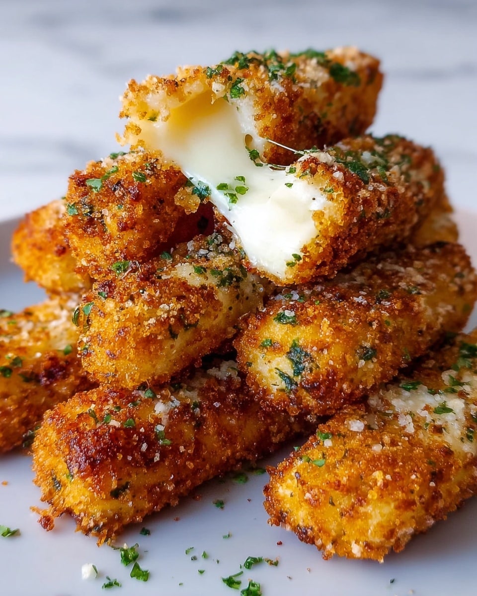 A close-up of a stack of six golden-brown mozzarella sticks on a white plate, each stick covered in a crispy, textured breadcrumb coating with bits of green herbs scattered throughout. One mozzarella stick at the top is broken open, showing soft, melted white cheese oozing out with a stretchy texture. The breadcrumbs are uneven with darker and lighter spots, giving a crunchy appearance. Small flecks of green garnish are sprinkled over the sticks, adding color contrast. The background is a soft, white marbled surface, and the overall lighting highlights the crispy texture and melty cheese inside. photo taken with an iphone --ar 4:5 --v 7