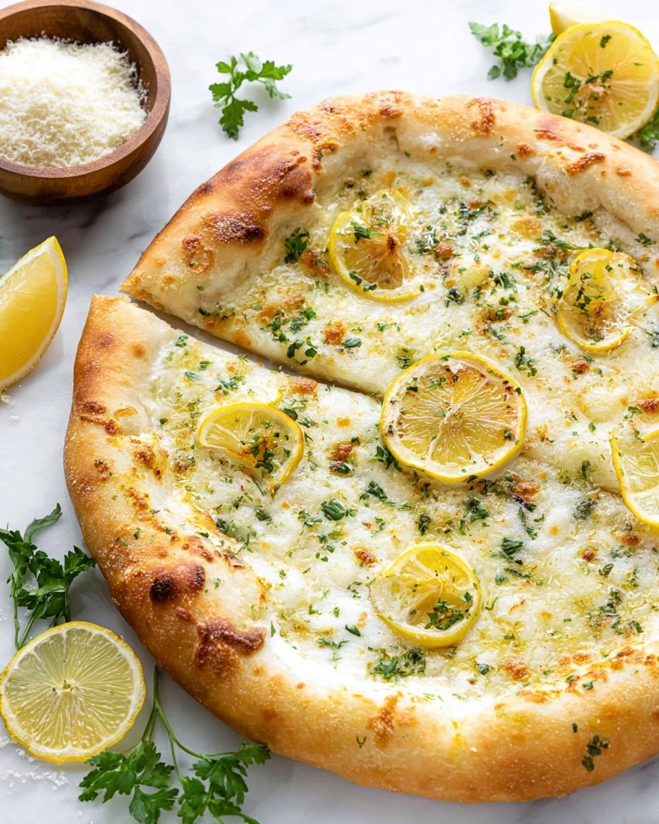 A golden-baked pizza with a thick, fluffy crust surrounds a creamy white cheese layer topped with thin yellow lemon slices, small green parsley leaves, and scattered light green herb spots that add texture. The pizza is placed on a white marbled surface with lemon wedges and fresh parsley around it, as well as a small wooden bowl filled with grated cheese near the top left. photo taken with an iphone --ar 4:5 --v 7