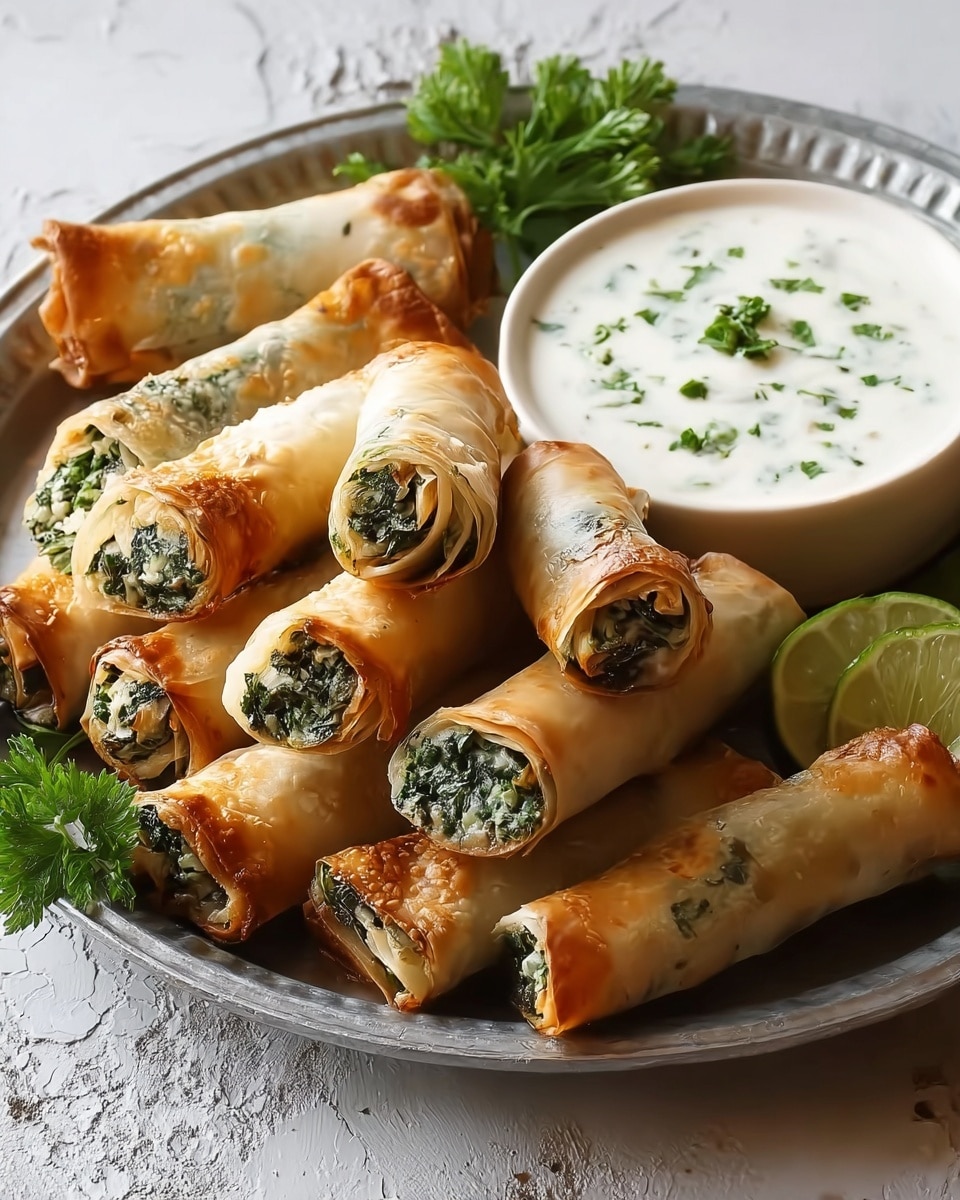 A round silver tray holds about ten golden brown, crispy rolled pastries, each with a flaky texture and visible layers of baked dough. The pastries are filled with a green spinach mixture that can be seen peeking out at both ends. They are arranged casually with some overlapping. To the side of the tray, there is a white bowl filled with a smooth, creamy white sauce topped with small green herb pieces. A sprig of fresh green parsley rests on the tray near the pastries, and a lime wedge is partially visible on the right. The tray is set on a white marbled textured surface. Photo taken with an iphone --ar 4:5 --v 7
