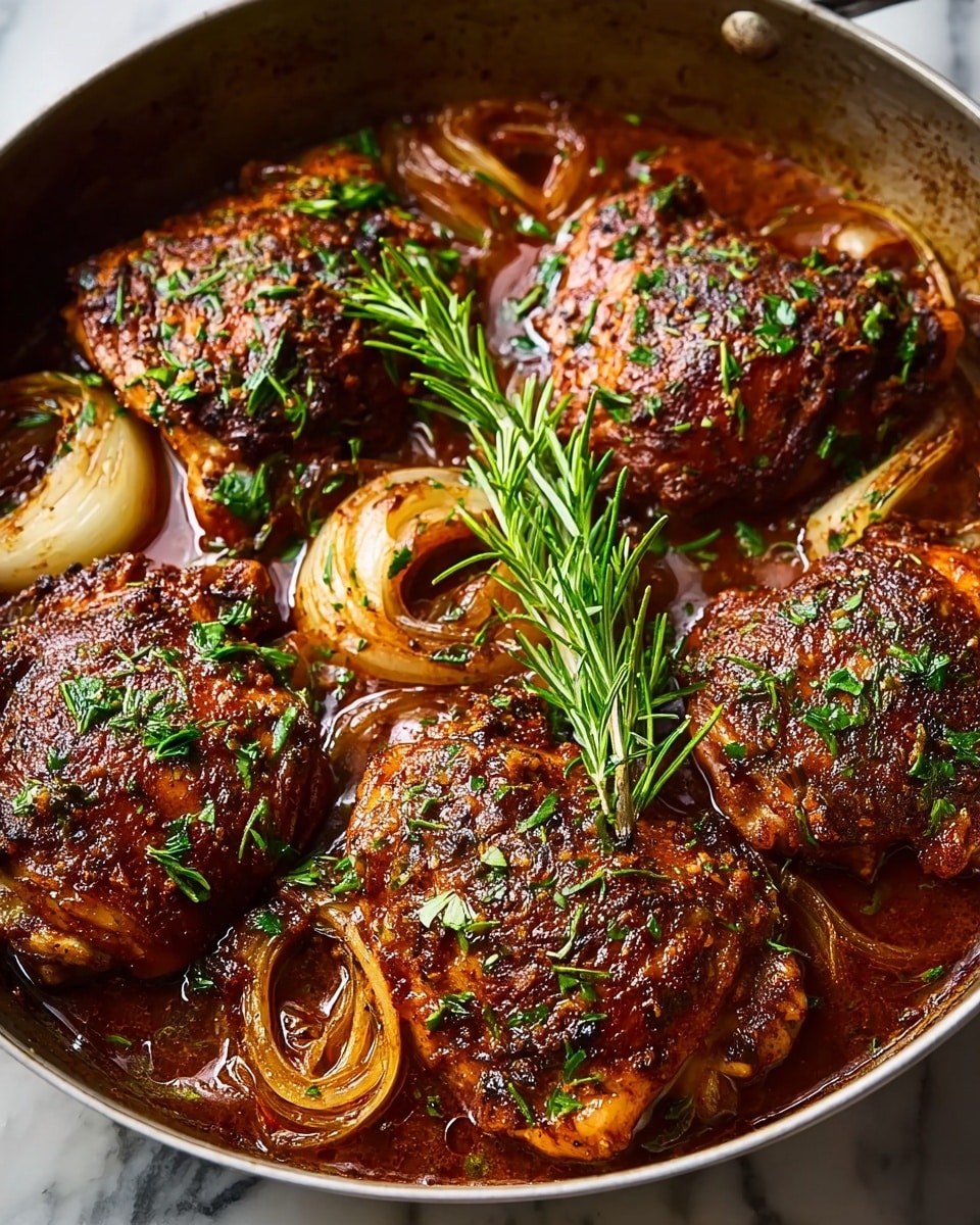 A close-up view of a skillet with five browned chicken thighs covered in a dark reddish sauce with green herbs sprinkled on top. Around the chicken are browned onion wedges with a slightly translucent texture. In the center, a sprig of fresh green rosemary adds a contrasting color. The skillet sits on a white marbled surface, and the rich sauce is visibly thick, partially covering the chicken and pooling on the bottom. The chicken skin shows a crispy texture with a mix of charred and moist areas. photo taken with an iphone --ar 4:5 --v 7