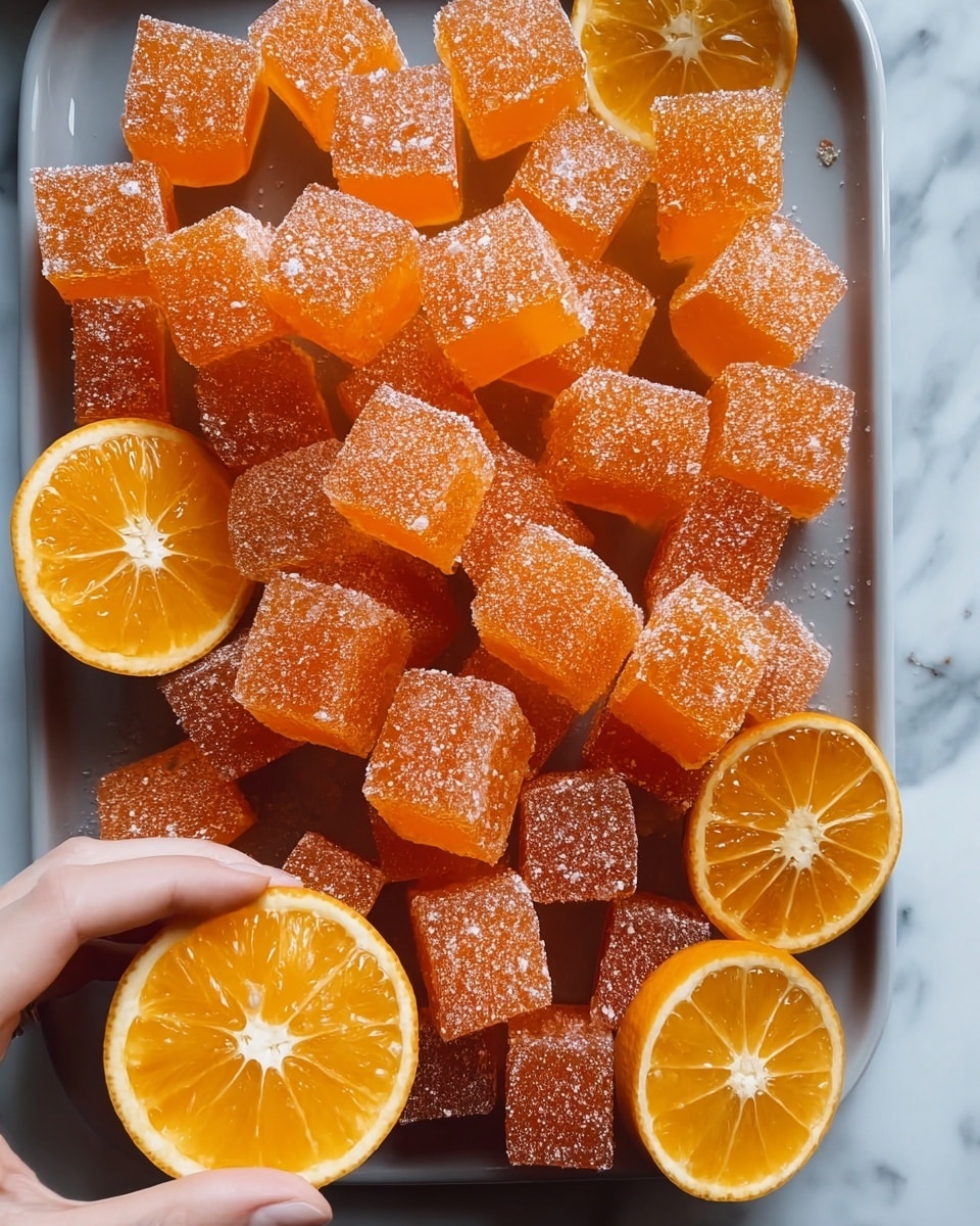 The image shows a tray filled with bright orange, sugar-coated jelly cubes, each having a soft and slightly translucent texture. Scattered among the cubes are several halves of fresh oranges, showing their juicy, vibrant interiors with a natural shine. A woman's hand is gently holding one of the orange halves at the bottom left corner, adding a human touch to the scene. The tray is set on a white marbled surface that provides a clean and elegant background, highlighting the rich colors of the jellies and oranges. photo taken with an iphone --ar 4:5 --v 7