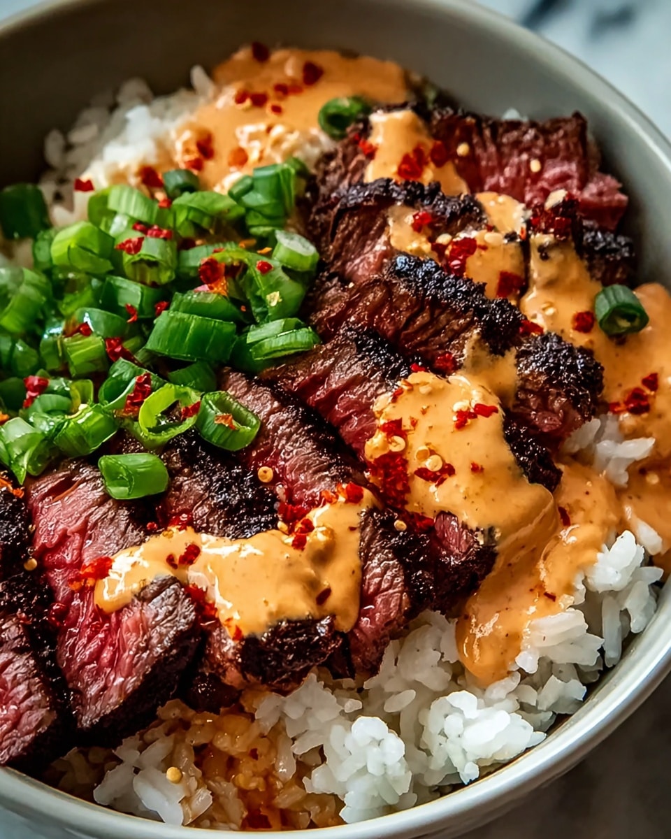 A close-up of a bowl filled with a base layer of white rice showing soft, plump grains. On top of the rice, there are three long, thick slices of darkly seared steak with a juicy, medium-rare interior visible in a rich red color. The steak is topped with two sauces: a creamy light orange sauce with red specks drizzled in lines and a thicker reddish-orange sauce applied in a small patch. Bright green chopped scallions are scattered mainly on the upper part of the steak. The bowl itself is white, and the background is a white marbled texture. Photo taken with an iphone --ar 4:5 --v 7