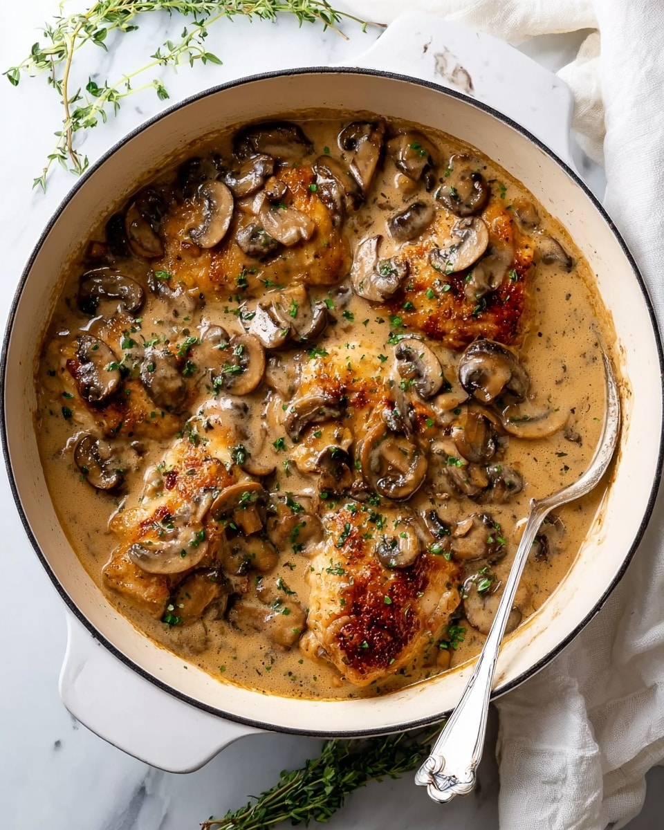 A white round pot filled with a creamy mushroom sauce that covers several golden-brown chicken pieces. The sauce is light brown and thick, with many sliced mushrooms and small green herb bits spread on top. The chicken is partly visible under the sauce, showing its crisp texture. A silver spoon rests on the right side inside the pot. The pot is on a white marbled surface with some green herb sprigs and a white cloth nearby. photo taken with an iphone --ar 4:5 --v 7
