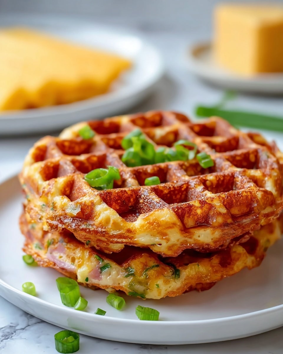 Two golden-brown waffles are stacked on a white plate placed on a white marbled surface. Each waffle has a crispy texture with a grid pattern and visible small green pieces of chopped herbs mixed in. The top waffle has some finely cut green onions sprinkled on and around it. The waffles look thick and soft inside with some chunks of ham or similar pink meat embedded within. In the blurred background, there is a white plate with slices of yellow cheese. photo taken with an iphone --ar 4:5 --v 7