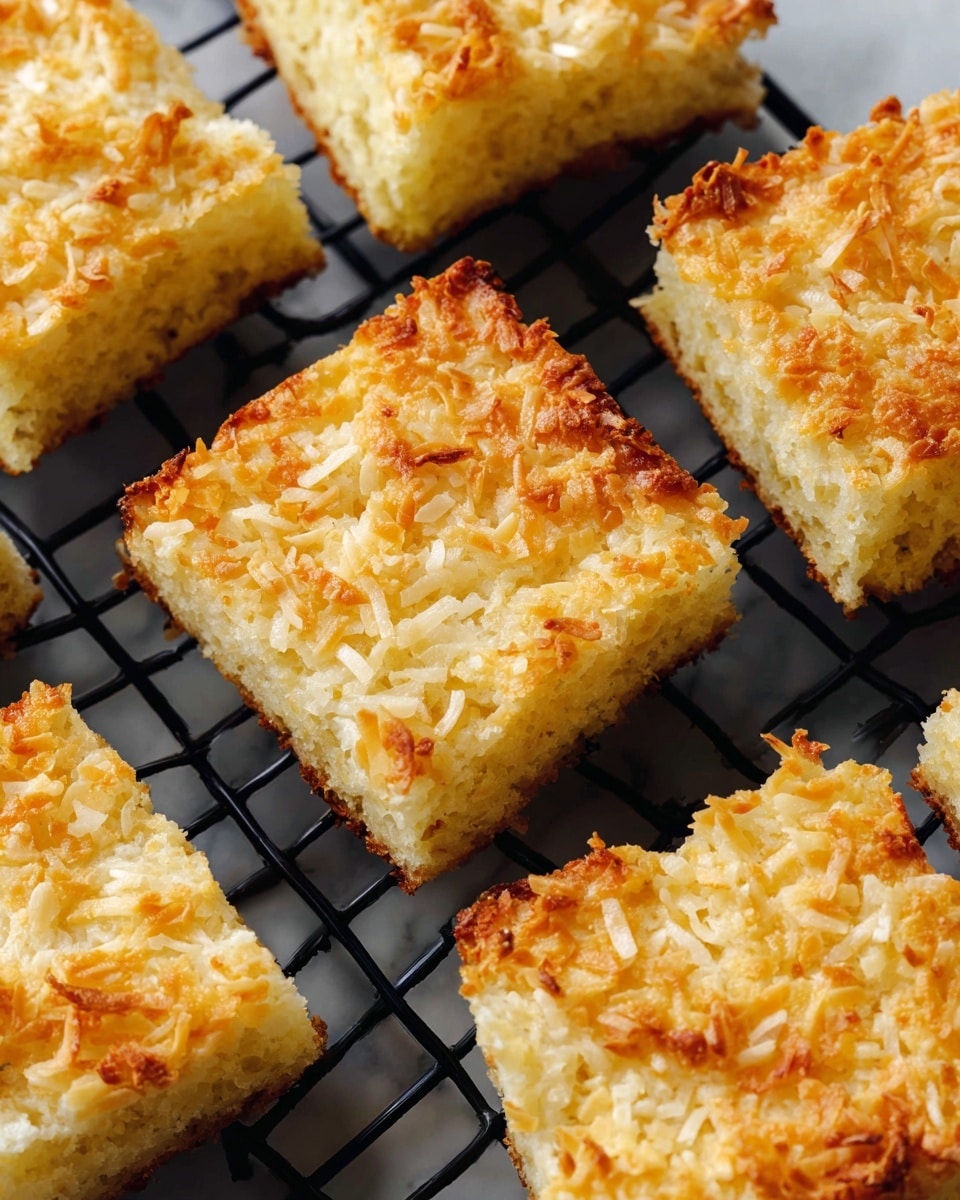 Several square coconut bars are arranged on a black cooling rack over a white marbled surface. Each bar has one visible layer with a rough texture made up of shredded toasted coconut, showing golden brown edges and a soft yellow moist base beneath. The coconut topping is unevenly spread, giving a natural, slightly crispy top look. The squares are closely placed but not touching, showcasing the light and crispy browned coconut flakes against the soft interior. Photo taken with an iphone --ar 4:5 --v 7