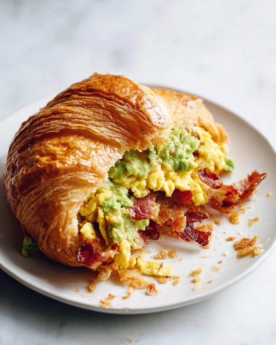 A flaky golden croissant is sliced open and filled with layers of bright green mashed avocado, crispy reddish-brown bacon, and soft yellow scrambled eggs. The filling peeks out unevenly from the croissant, showing the texture and colors clearly. The sandwich sits on a white plate with some crumbs around it, placed on a white marbled surface. The photo taken with an iphone --ar 4:5 --v 7
