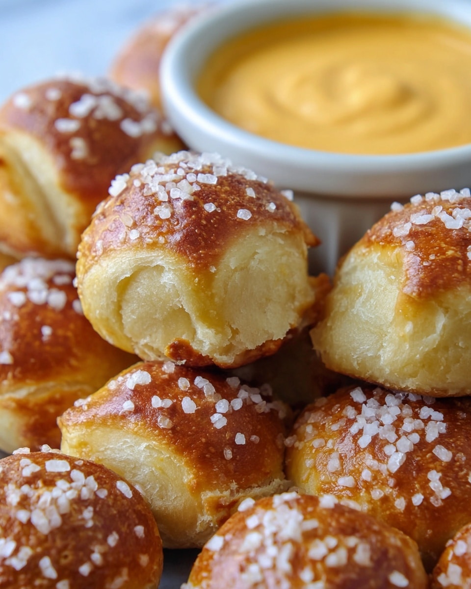 The image shows a close-up of several soft, round pretzel bites piled together, each bite topped with coarse, shiny salt crystals that catch the light. The bites have a golden-brown outer crust with a slightly glossy texture and a soft, pale yellow interior visible at some edges. Behind them, a small white bowl filled with a creamy, smooth, bright orange cheese sauce is partially visible, adding a rich color contrast to the scene. All of this is placed on a white marbled surface. photo taken with an iphone --ar 4:5 --v 7